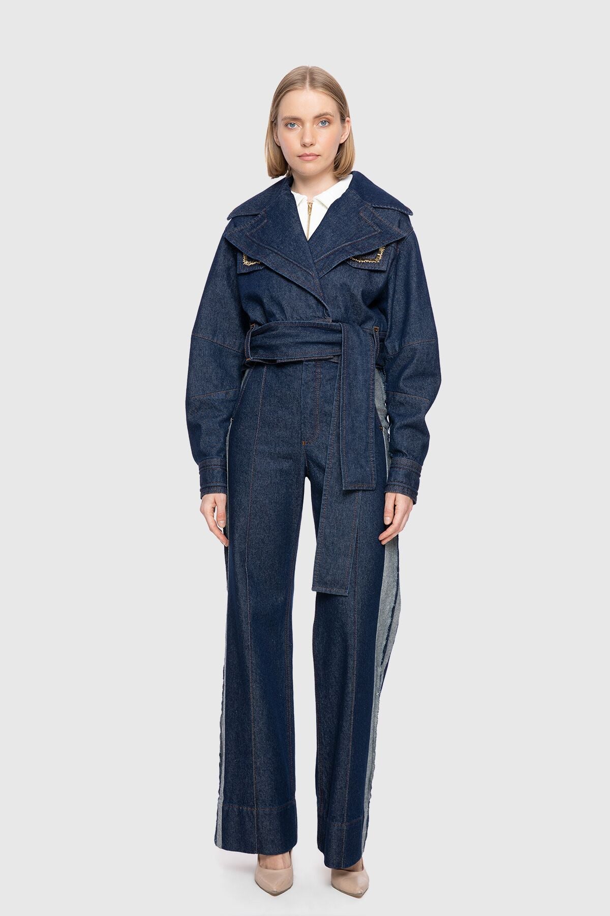 Kruvaze Kapama Fitil Dikişli Crop Jean Ceket