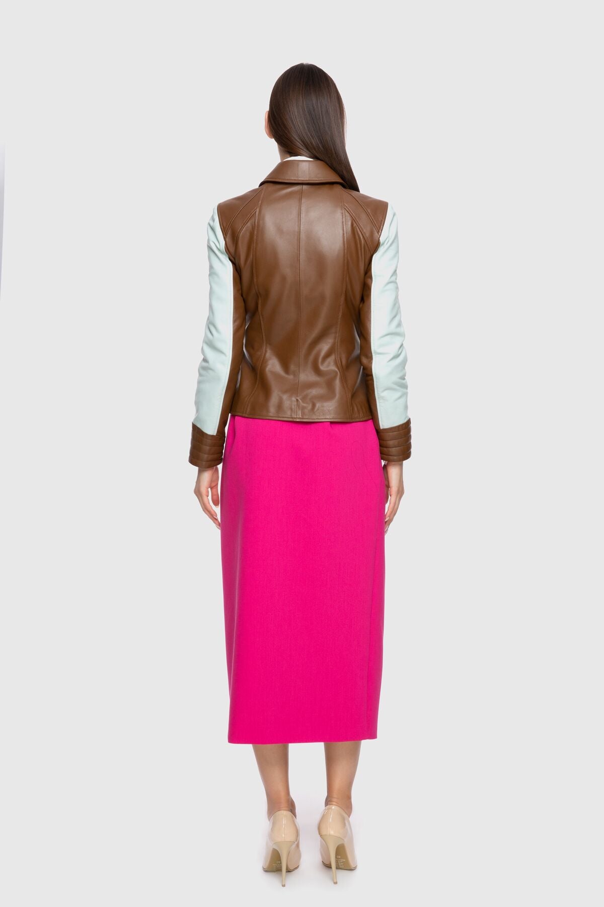 Renk Bloklu Dar Kesim Deri Ceket