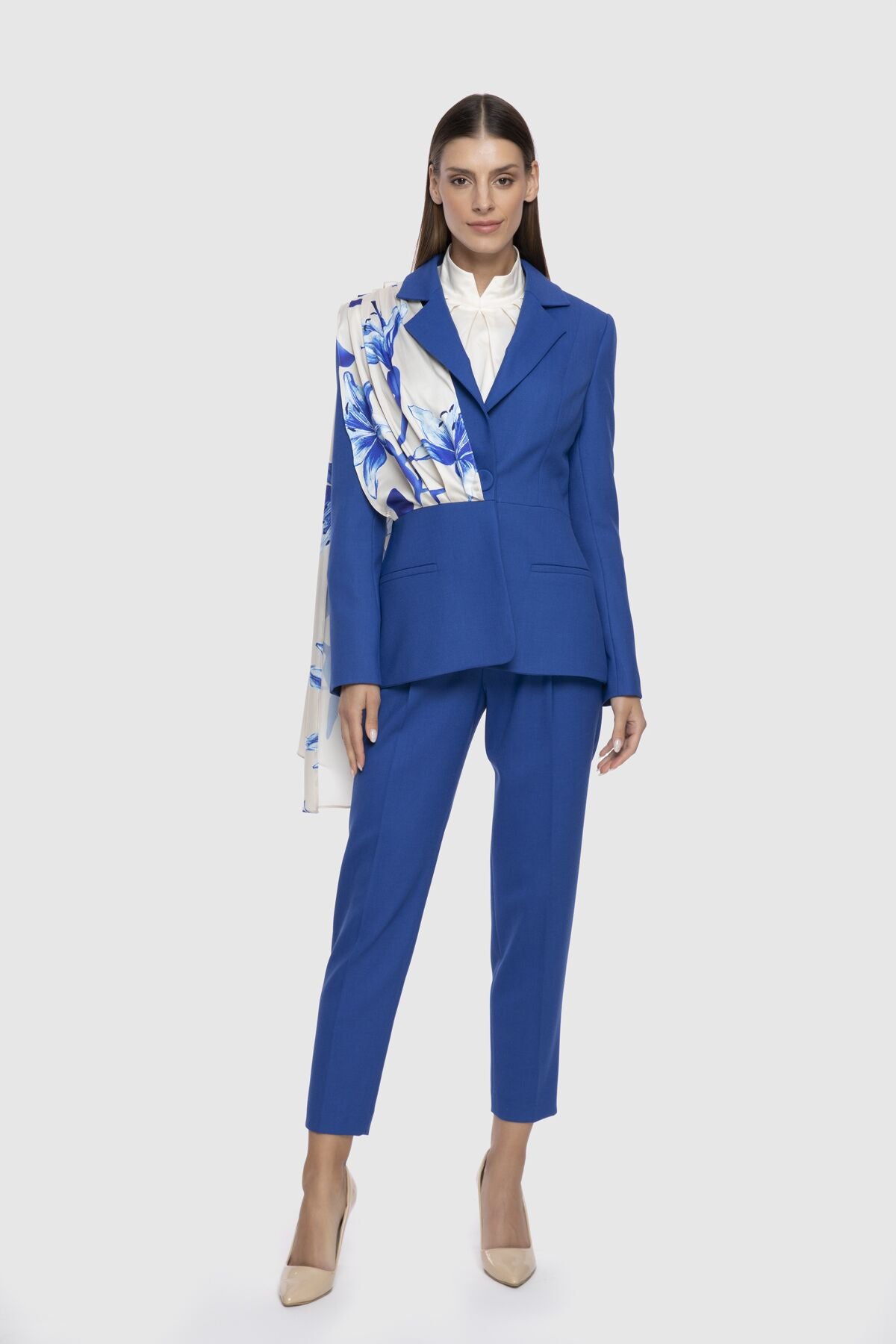 Desenli Kumaş Garnili Saks Blazer Ceket