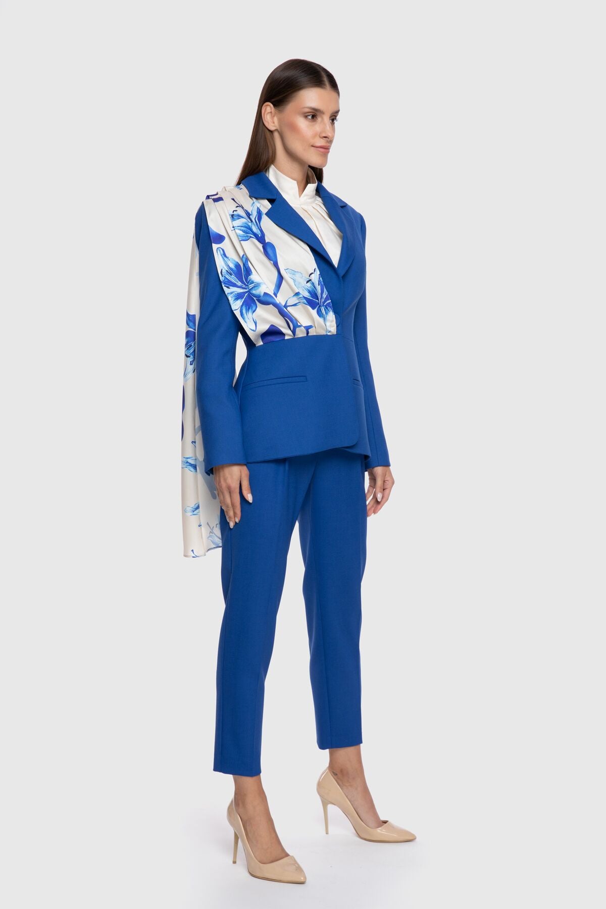 Desenli Kumaş Garnili Saks Blazer Ceket