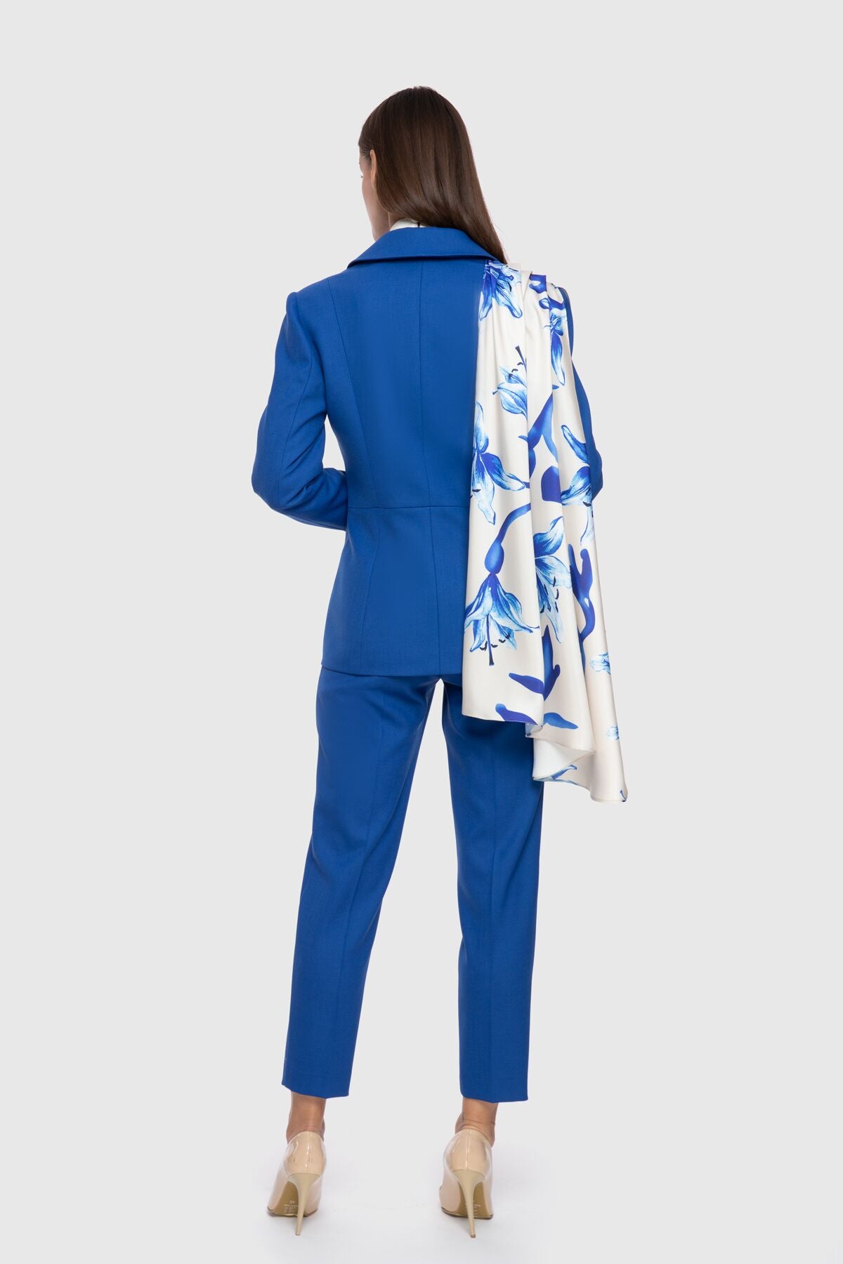 Desenli Kumaş Garnili Saks Blazer Ceket