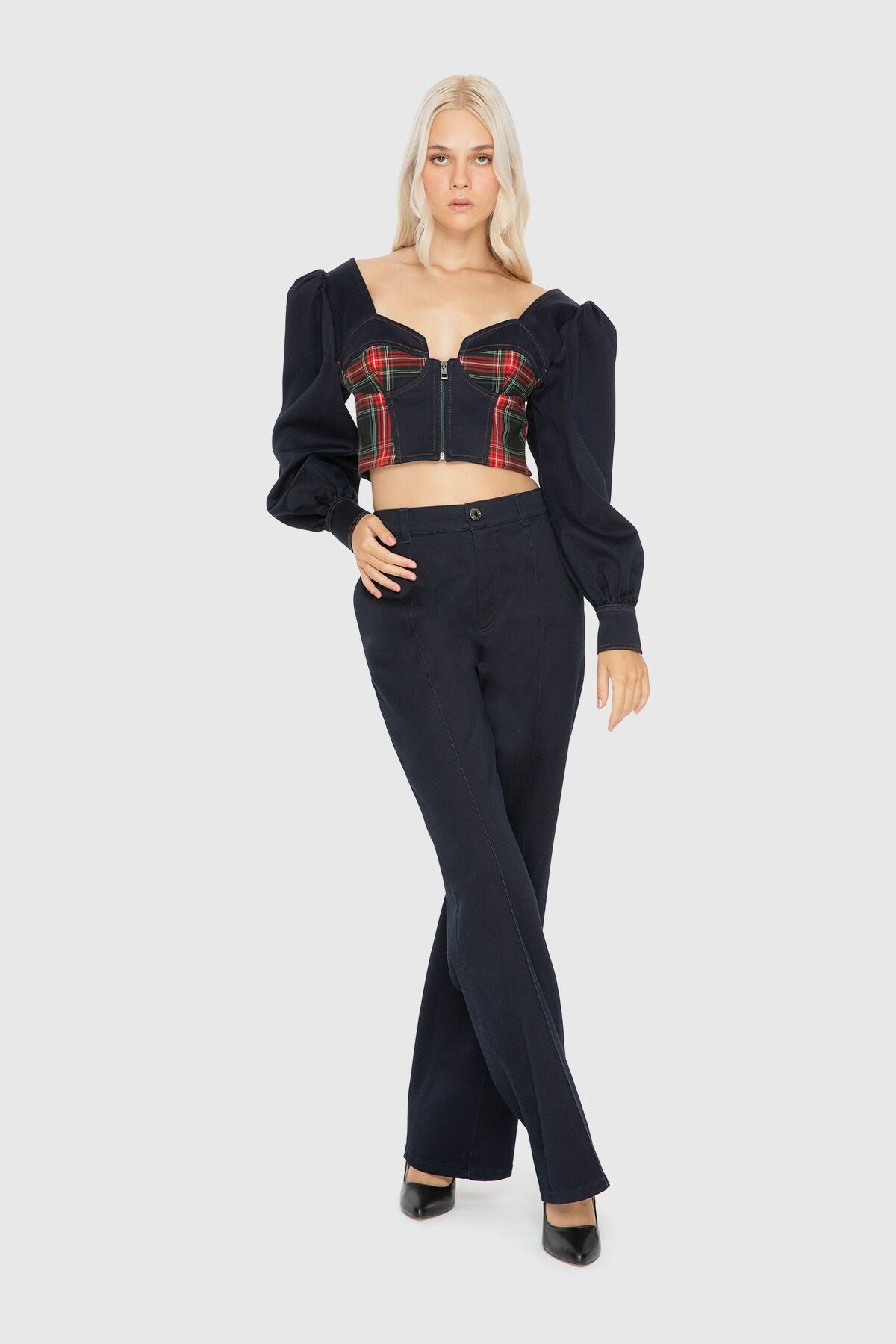 Ekose Desen Detayli Fermuarli Bluz