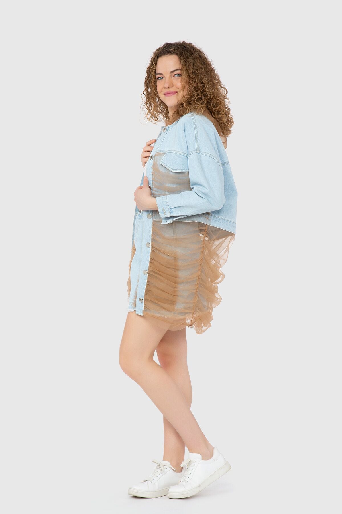 Pilili Tül Detaylı Kapüşonlu Jean Ceket