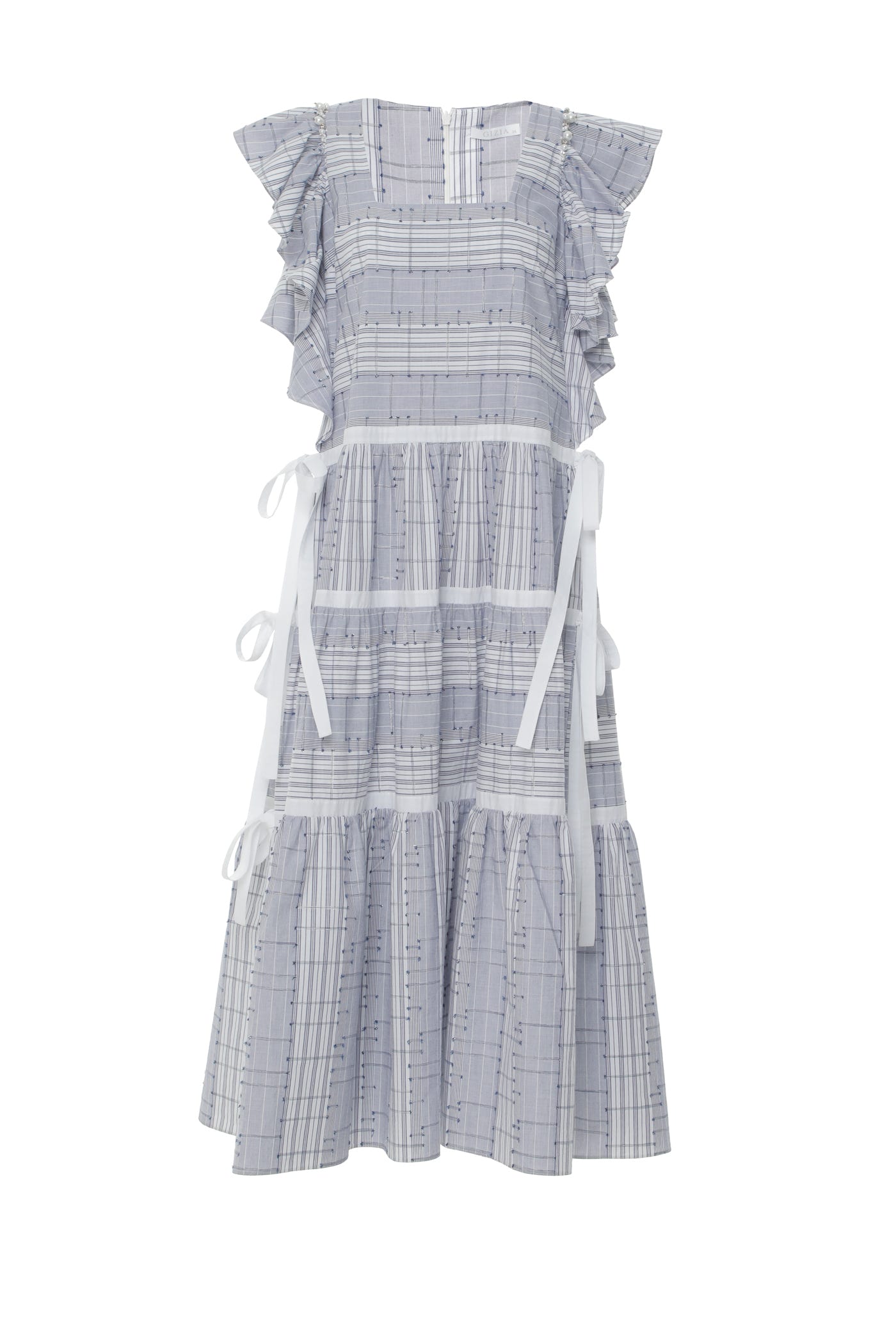 İşleme Detaylı Volan Kollu Yandan Fiyonklu Maxi Elbise