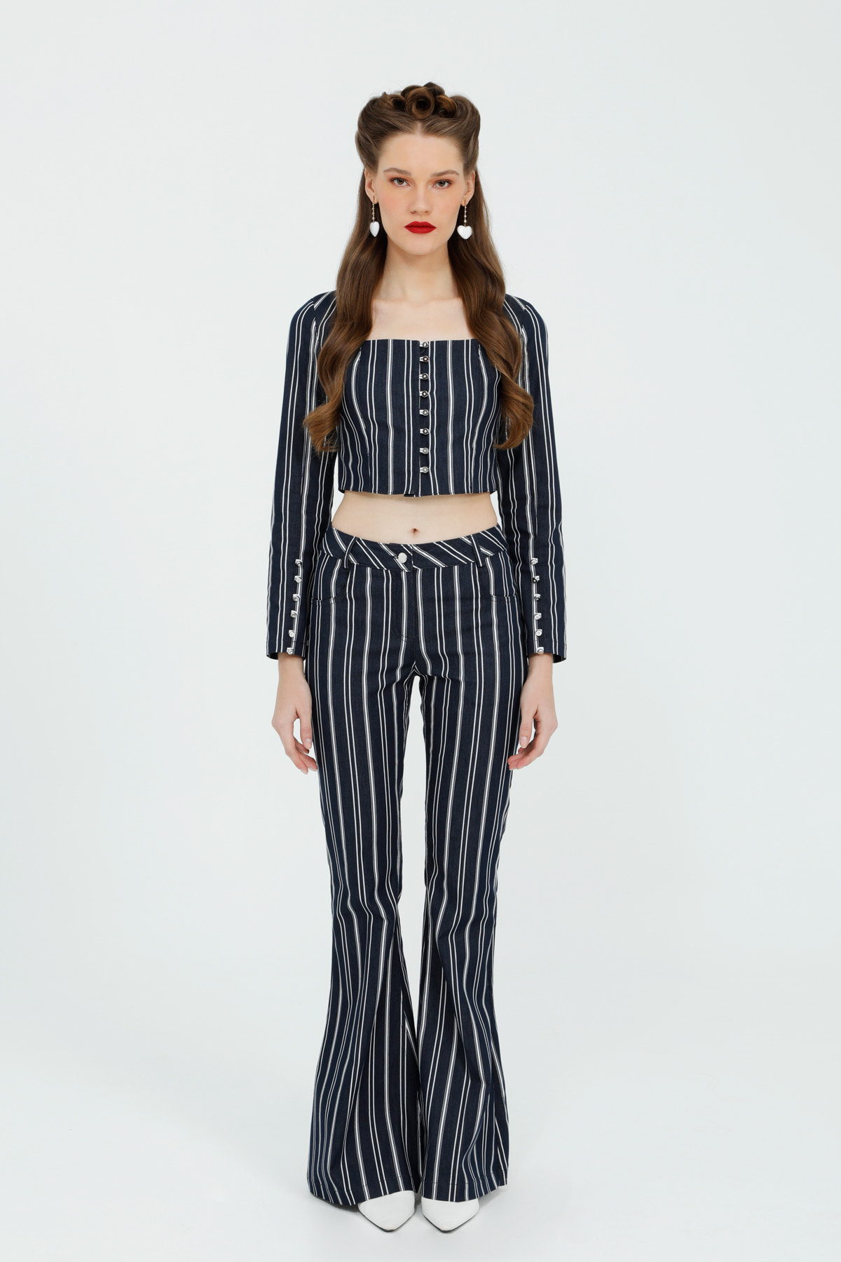 Düğme Detaylı Çizgili Kumaş Crop Bluz