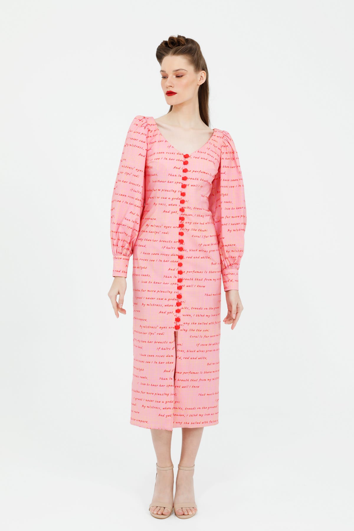 V Yakalı Yazı Desenli Midi Boy Poplin Elbise