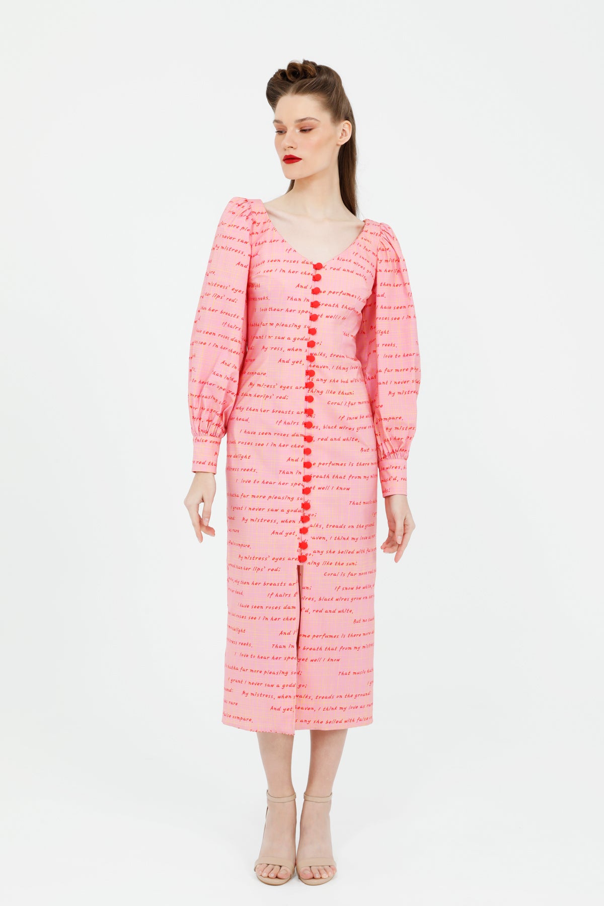 V Yakalı Yazı Desenli Midi Boy Poplin Elbise