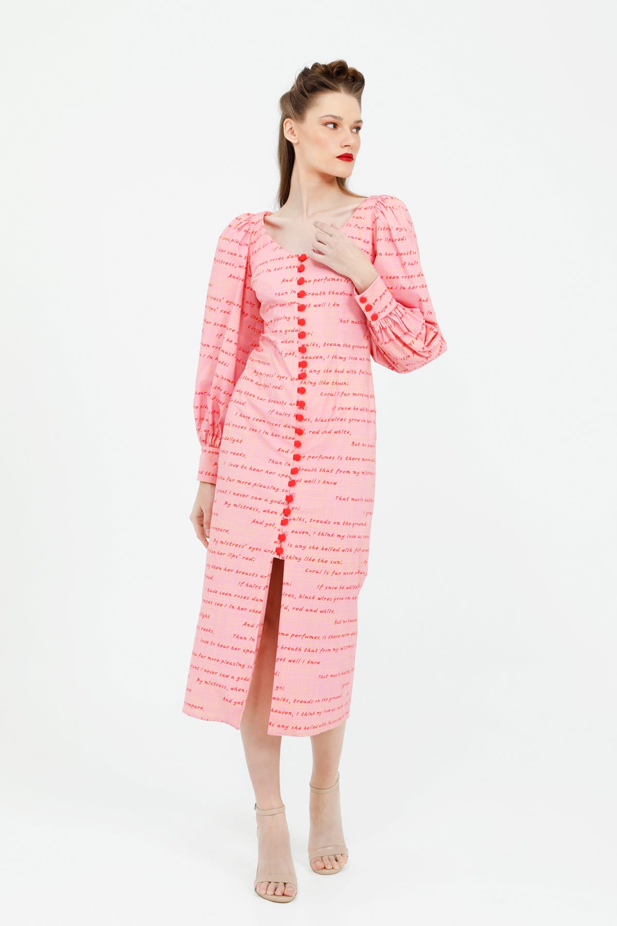 V Yakalı Yazı Desenli Midi Boy Poplin Elbise