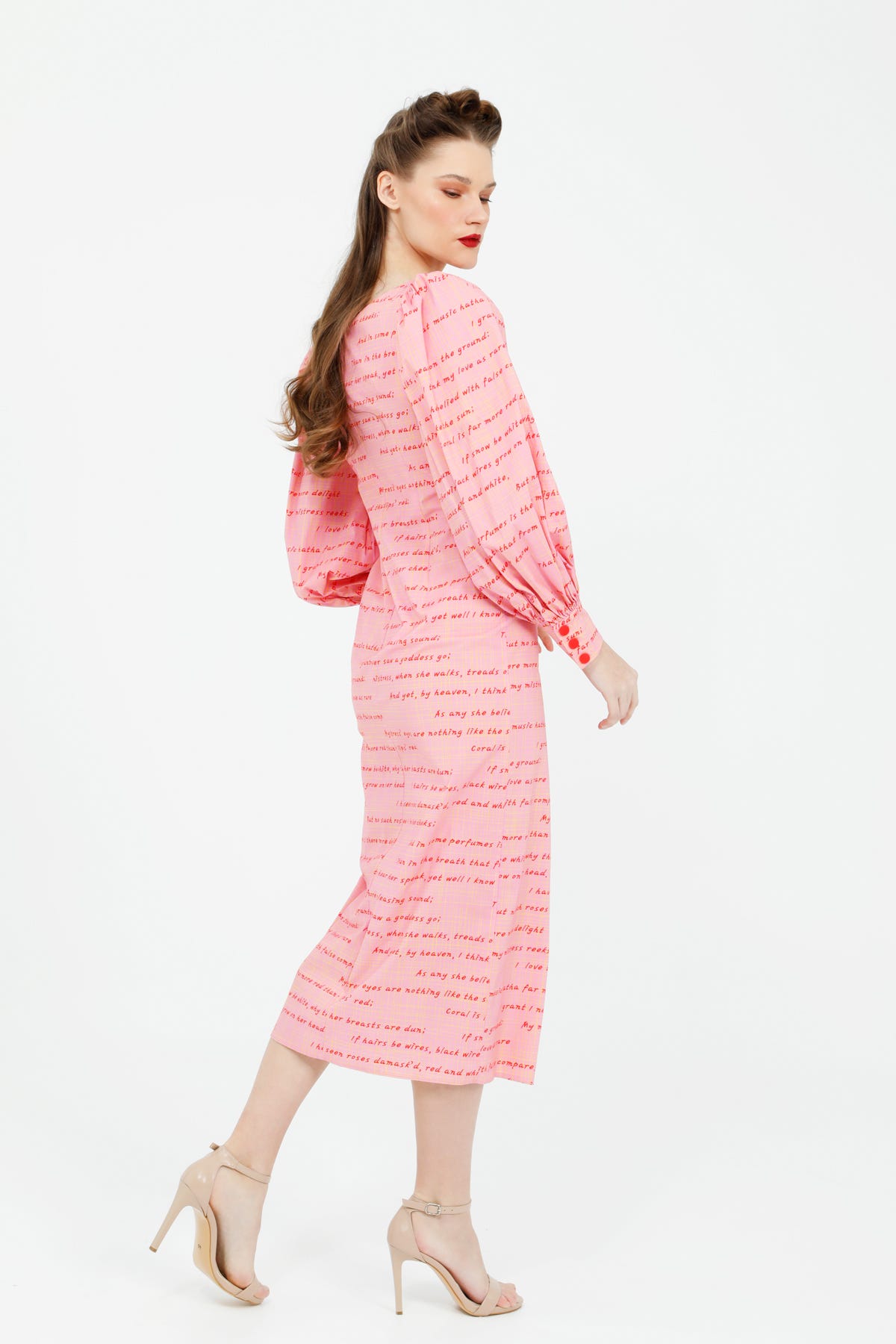 V Yakalı Yazı Desenli Midi Boy Poplin Elbise