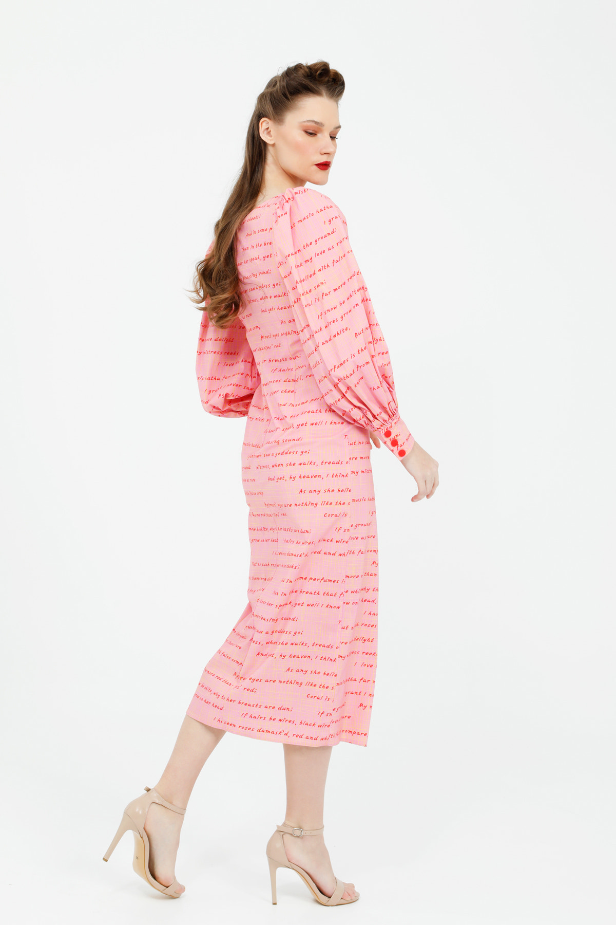 V Yakalı Yazı Desenli Midi Boy Poplin Elbise