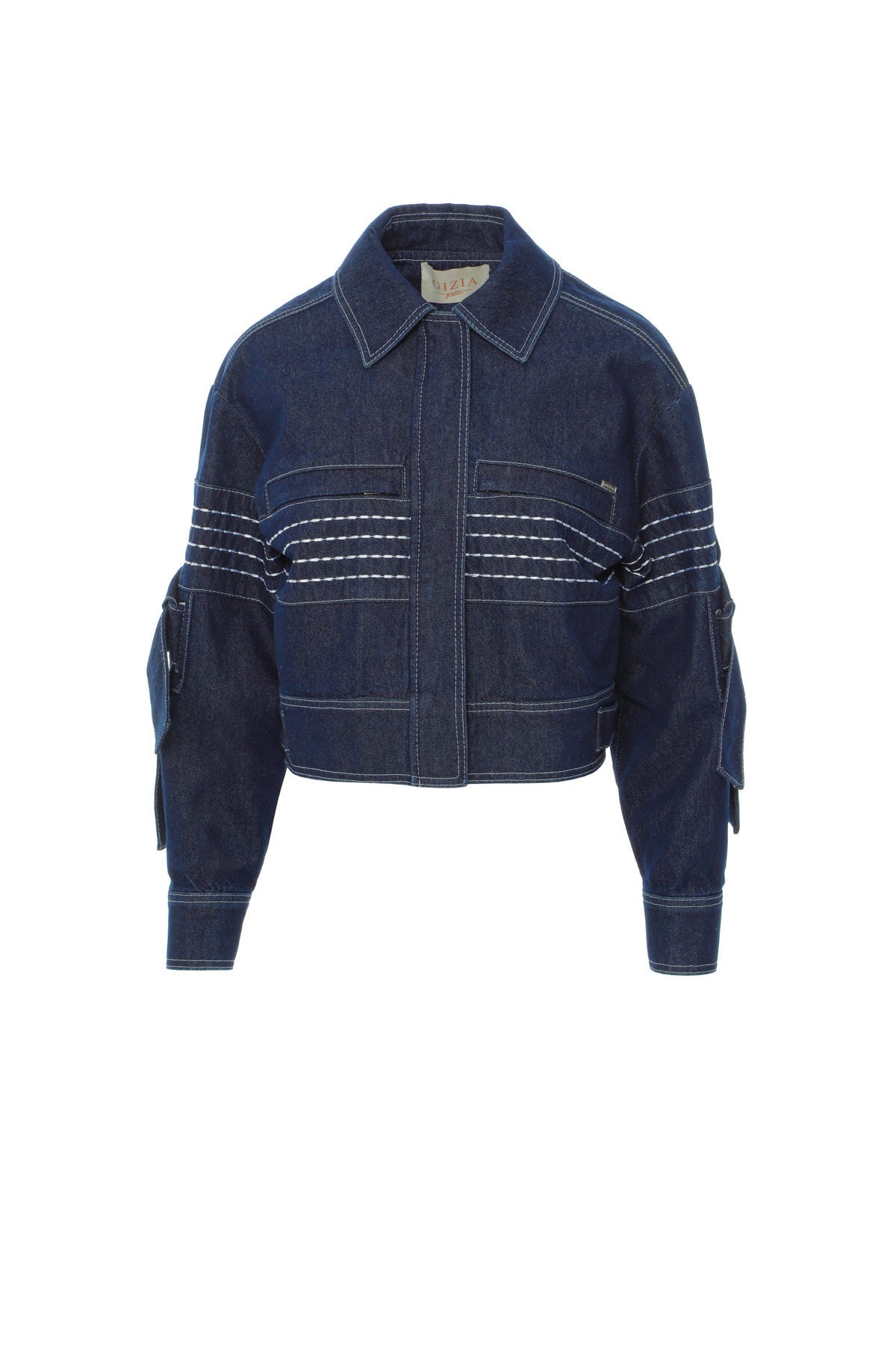 Nakışlı Kollarda Bağlama Detaylı Jean Ceket