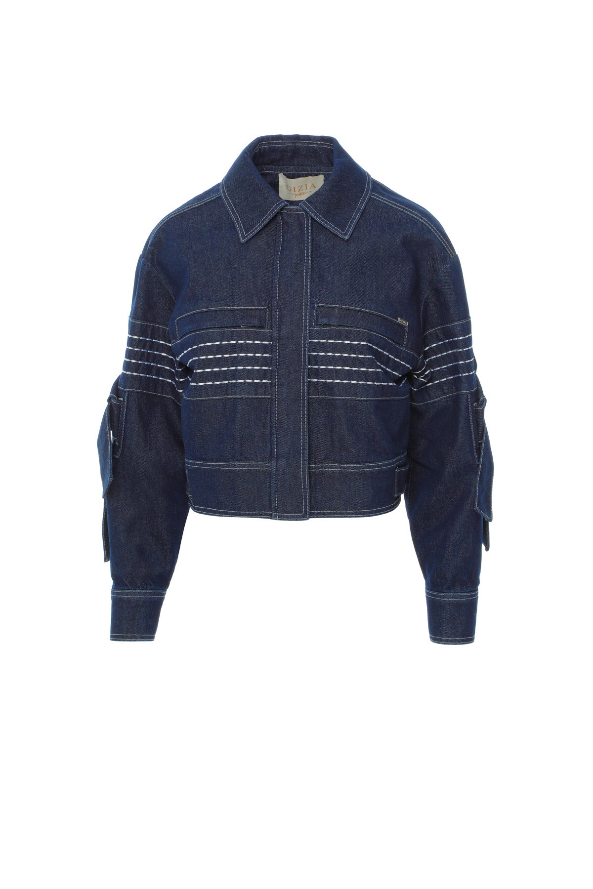 Nakışlı Kollarda Bağlama Detaylı Jean Ceket