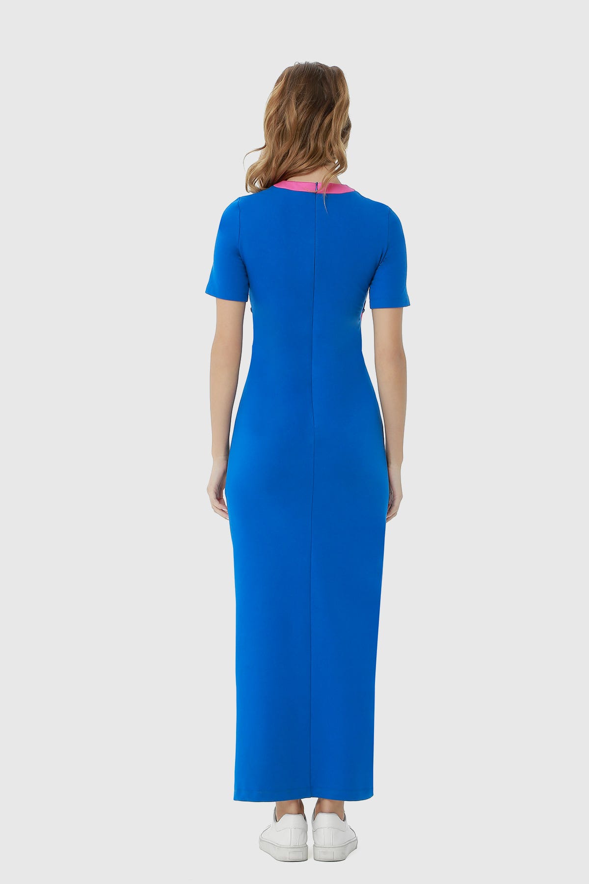 Kordon Bağlama Detalı Fit Örme Saks Mavisi Uzun Elbise