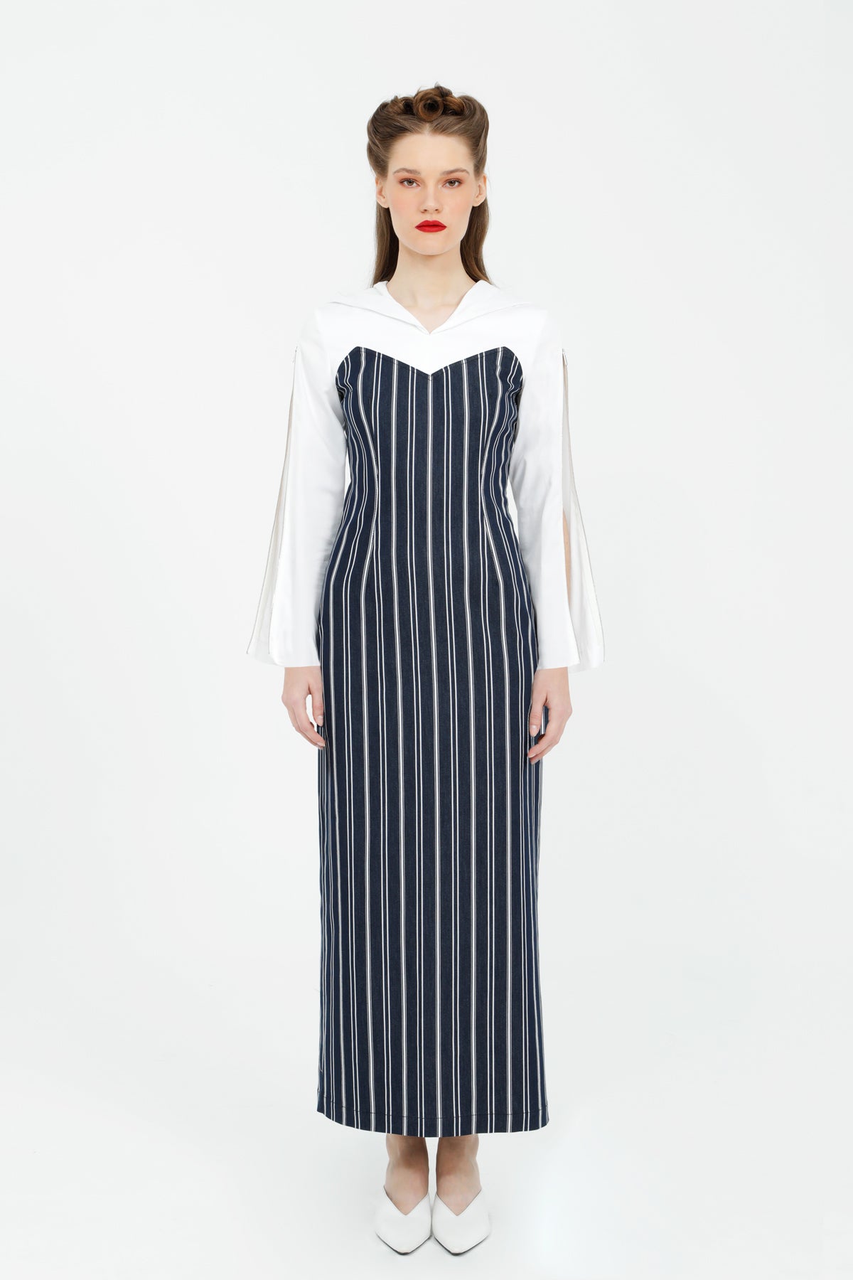 Fermuar Detaylı Uzun Çizgili Streç Elbise