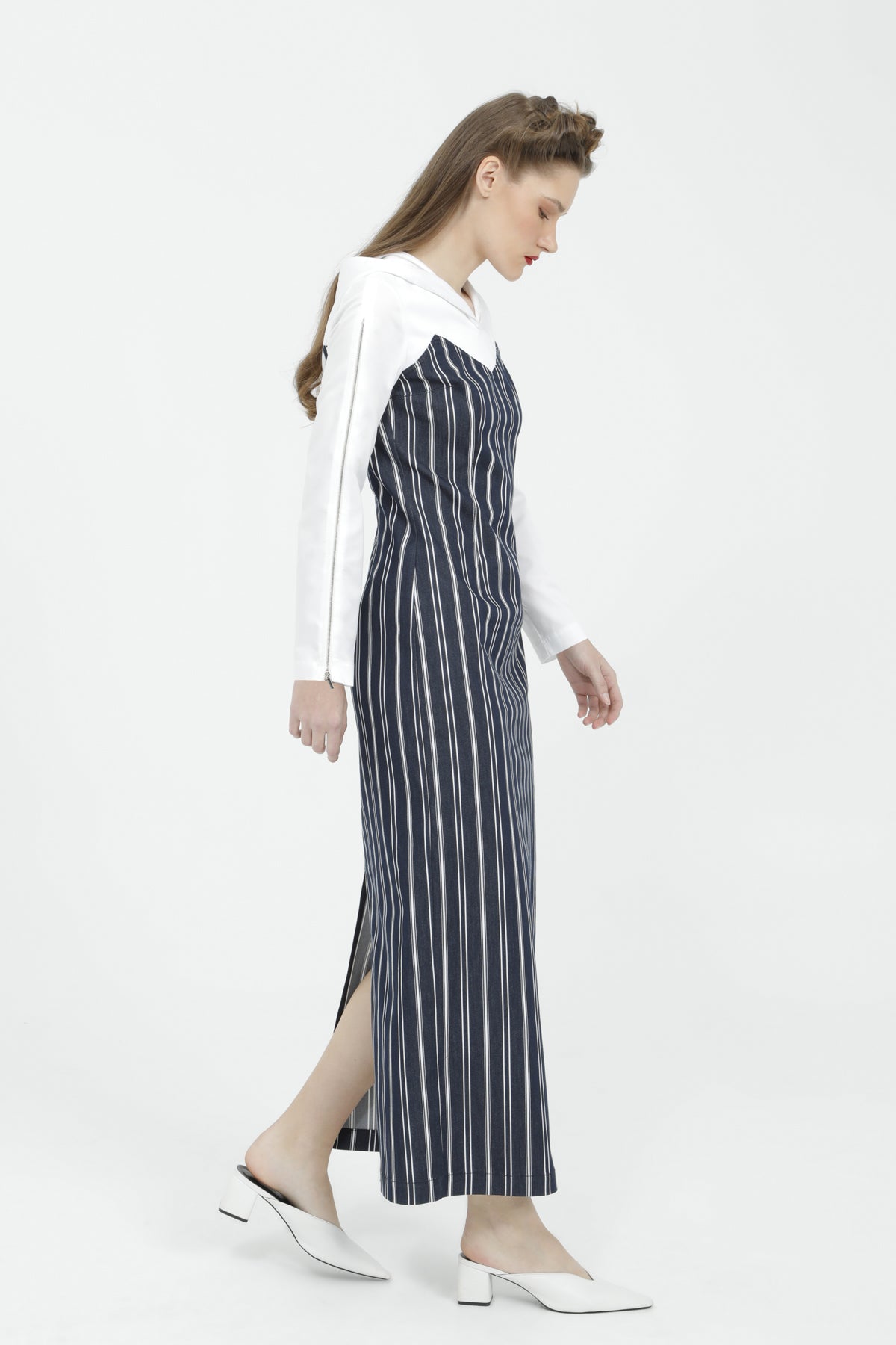 Fermuar Detaylı Uzun Çizgili Streç Elbise