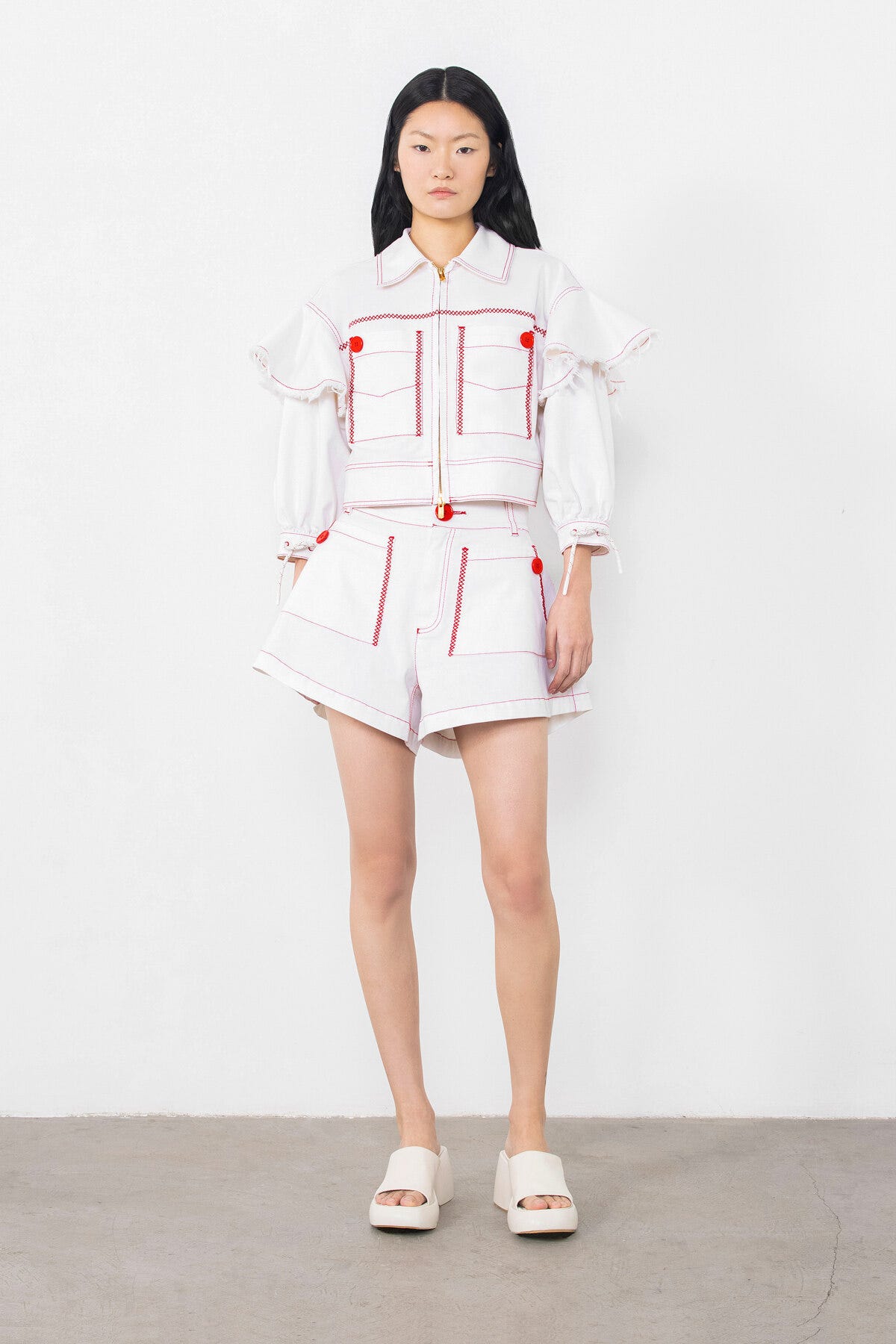 Dikişli Volan Detaylı Jean Ceket