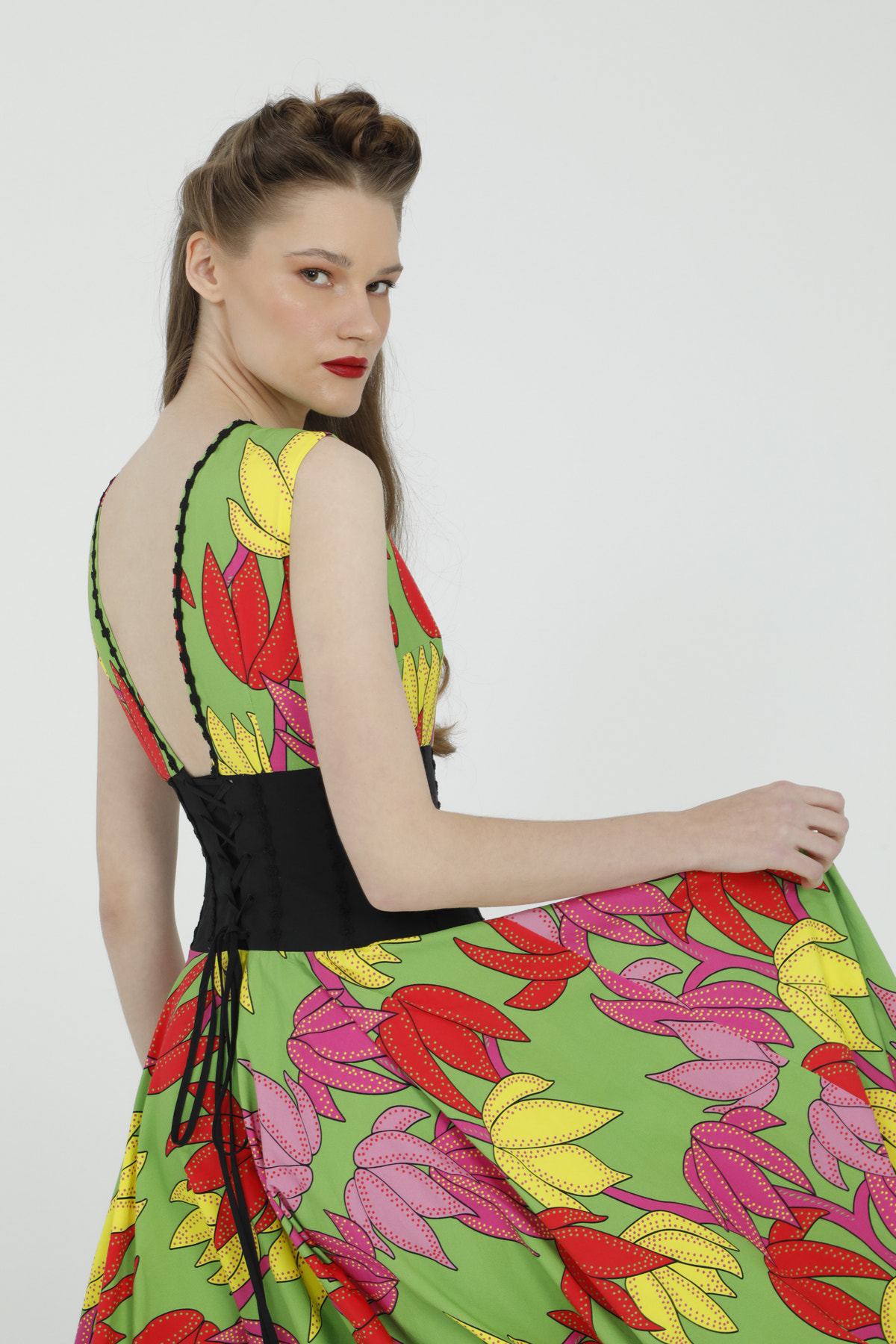 Çiçek Desenli Korse Detaylı Maxi Elbise