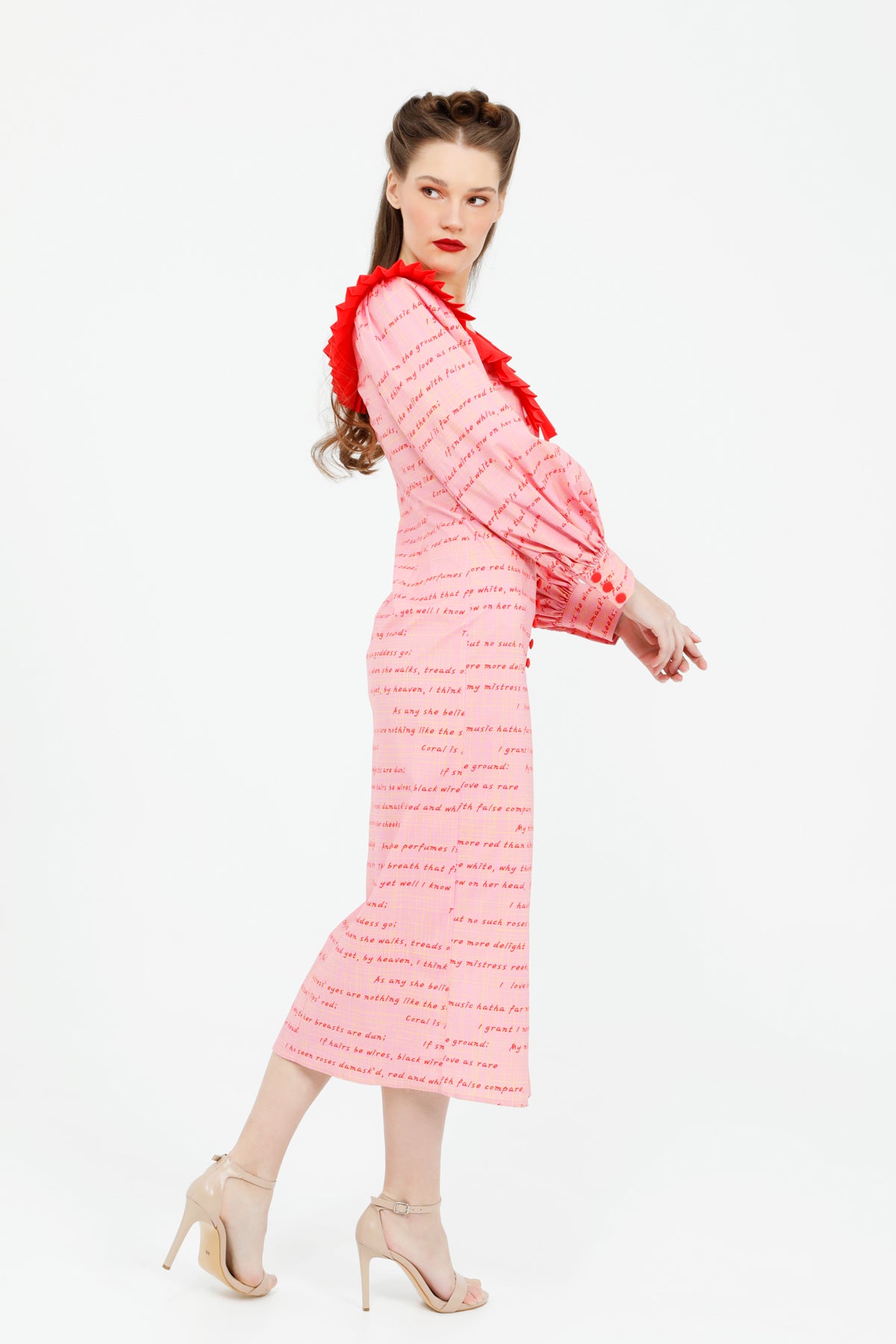 V Yakalı Yazı Desenli Midi Boy Karpuz Kol Poplin Elbise