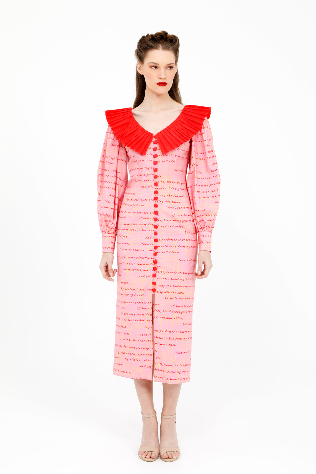 V Yakalı Yazı Desenli Midi Boy Karpuz Kol Poplin Elbise