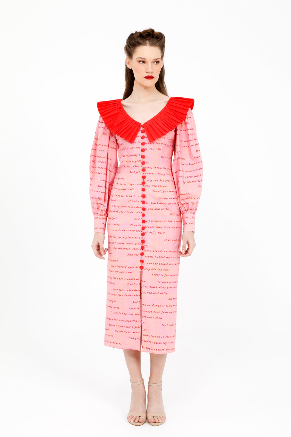 V Yakalı Yazı Desenli Midi Boy Karpuz Kol Poplin Elbise