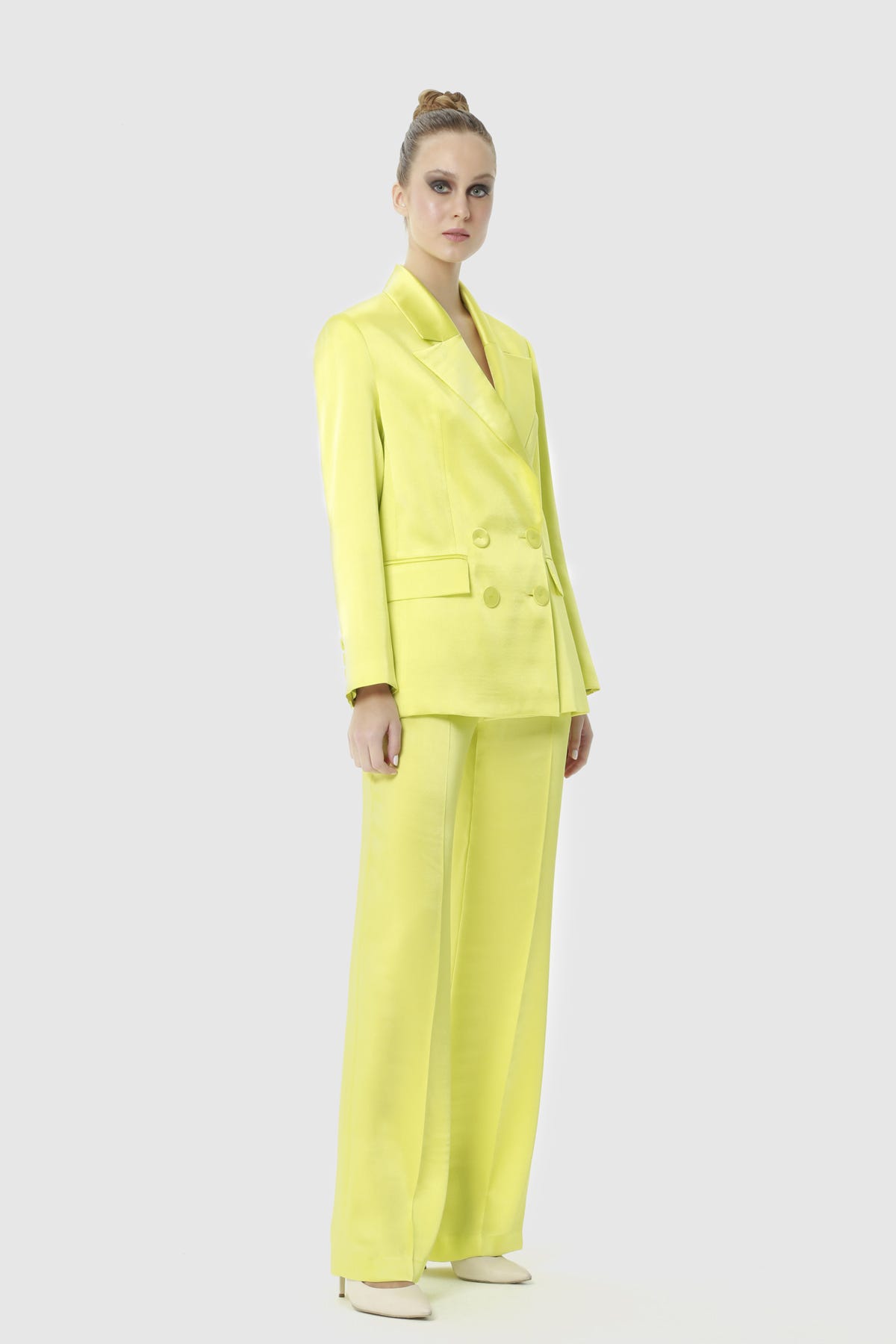 Kruvaze Kapamalı Blazer Ceketli Parlak Saten Kumaş Yeşil Takım Elbise