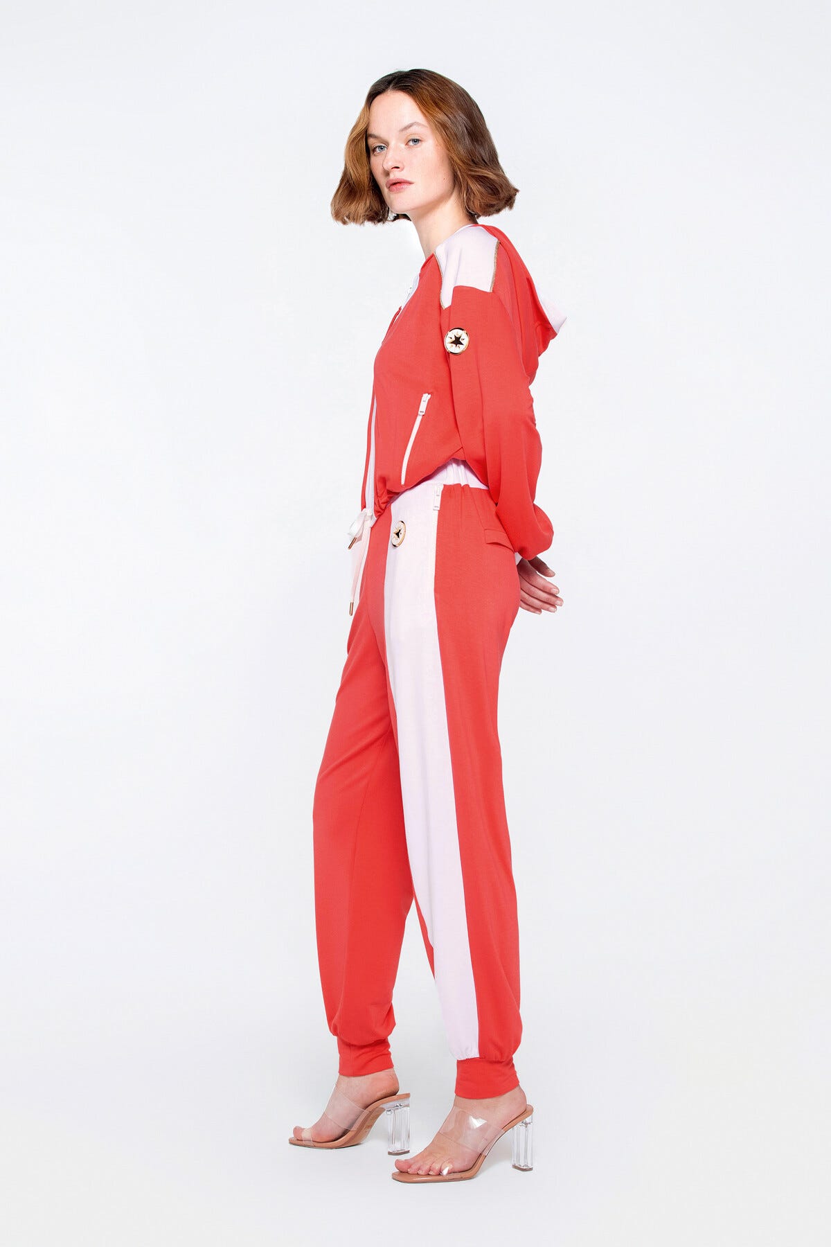 Fermuarlı Cep Detaylı Etek Ucu Bağcıklı Kapşonlu Mercan Sweatişört