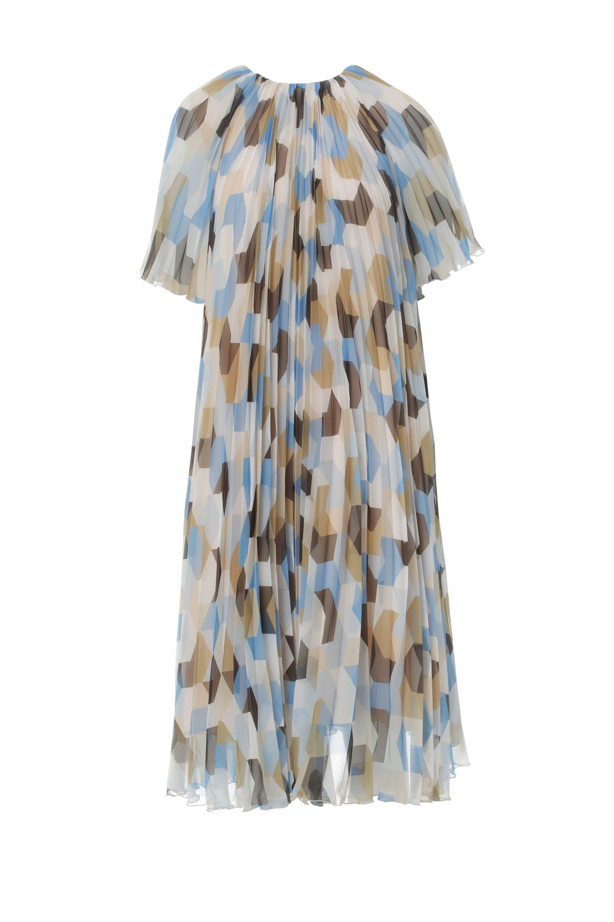 Fermuar Detaylı Piliseli Kısa Kollu Midi Desenli Elbise