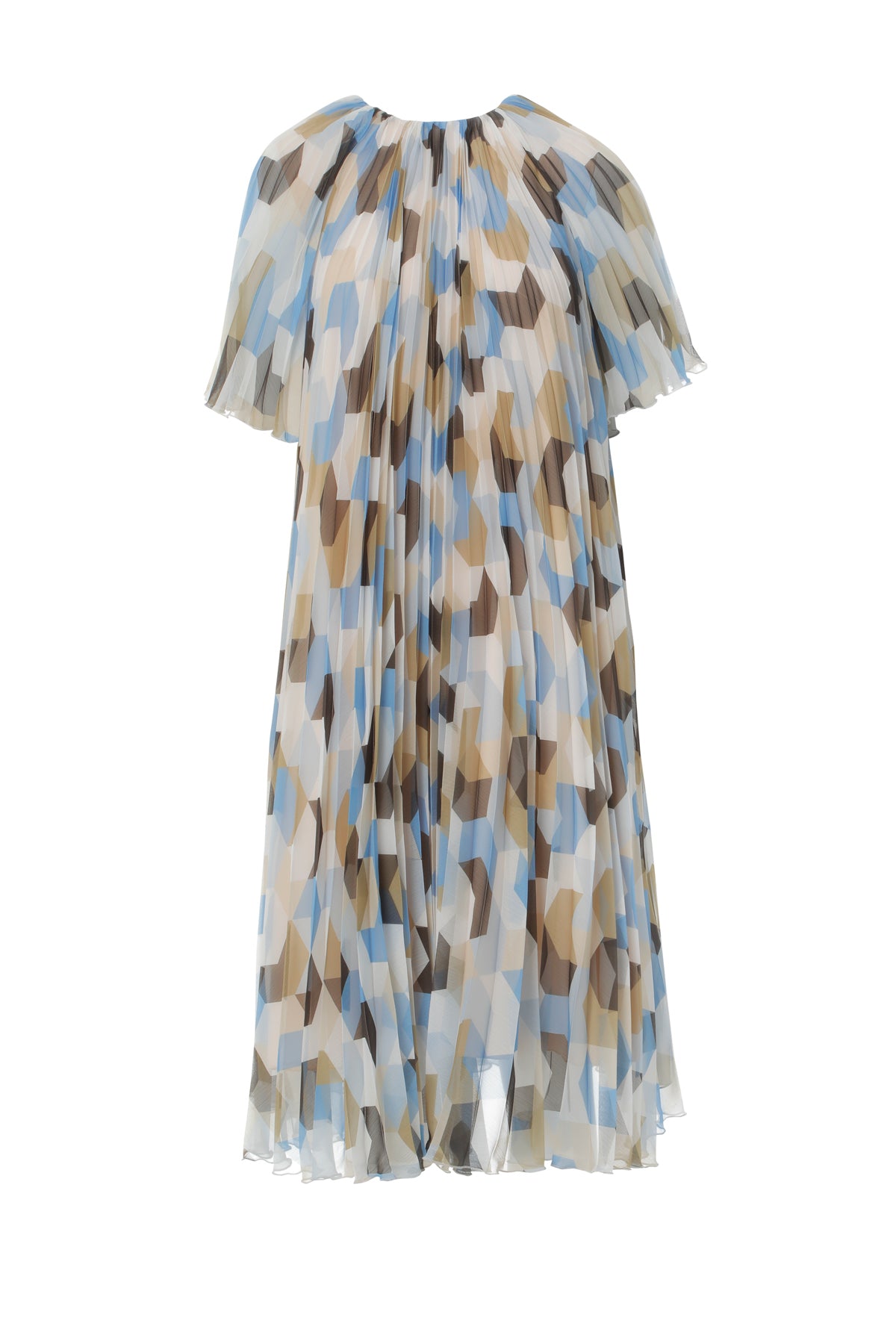 Fermuar Detaylı Piliseli Kısa Kollu Midi Desenli Elbise