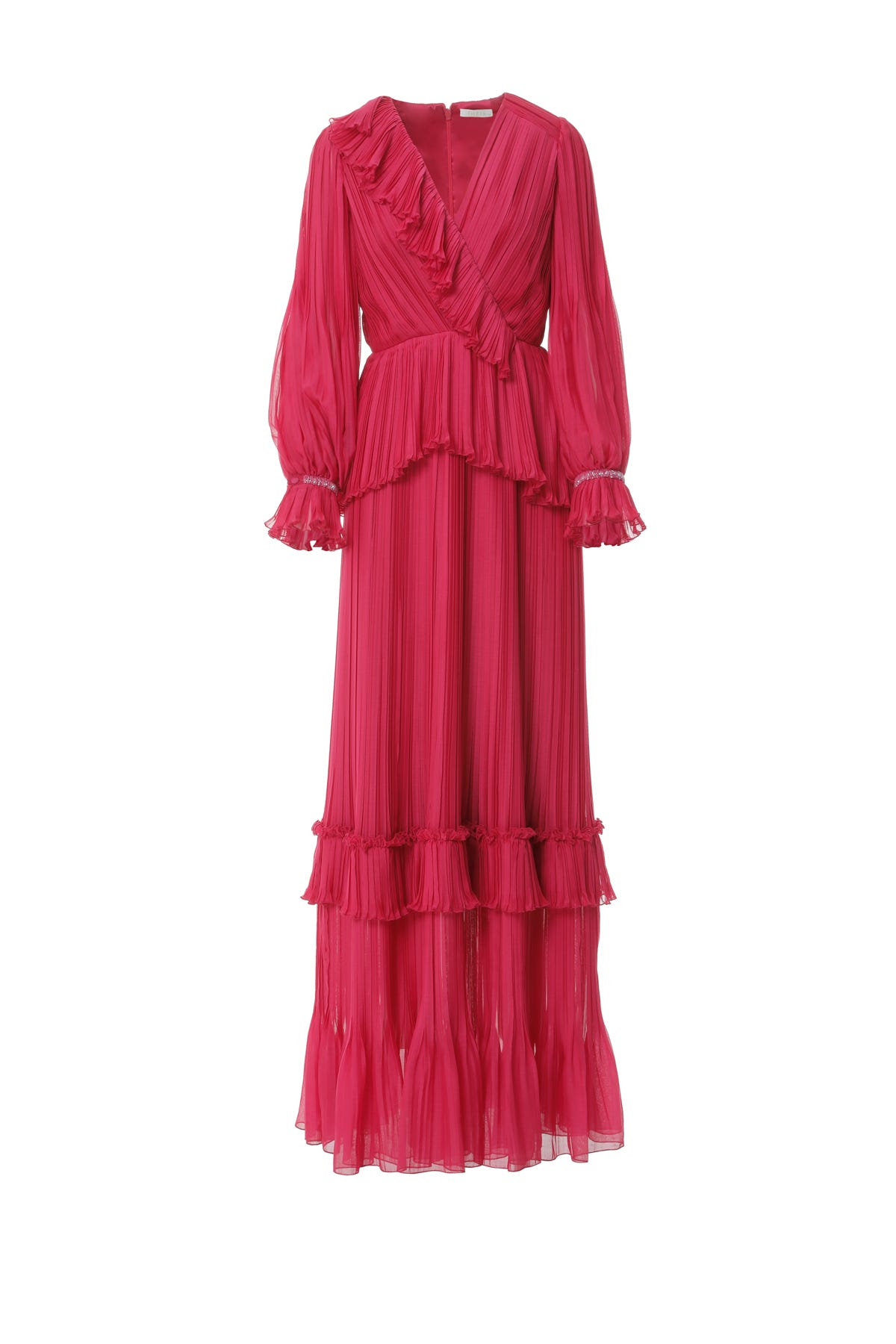 Piliseli V Yaka Uzun Fuşya Elbise
