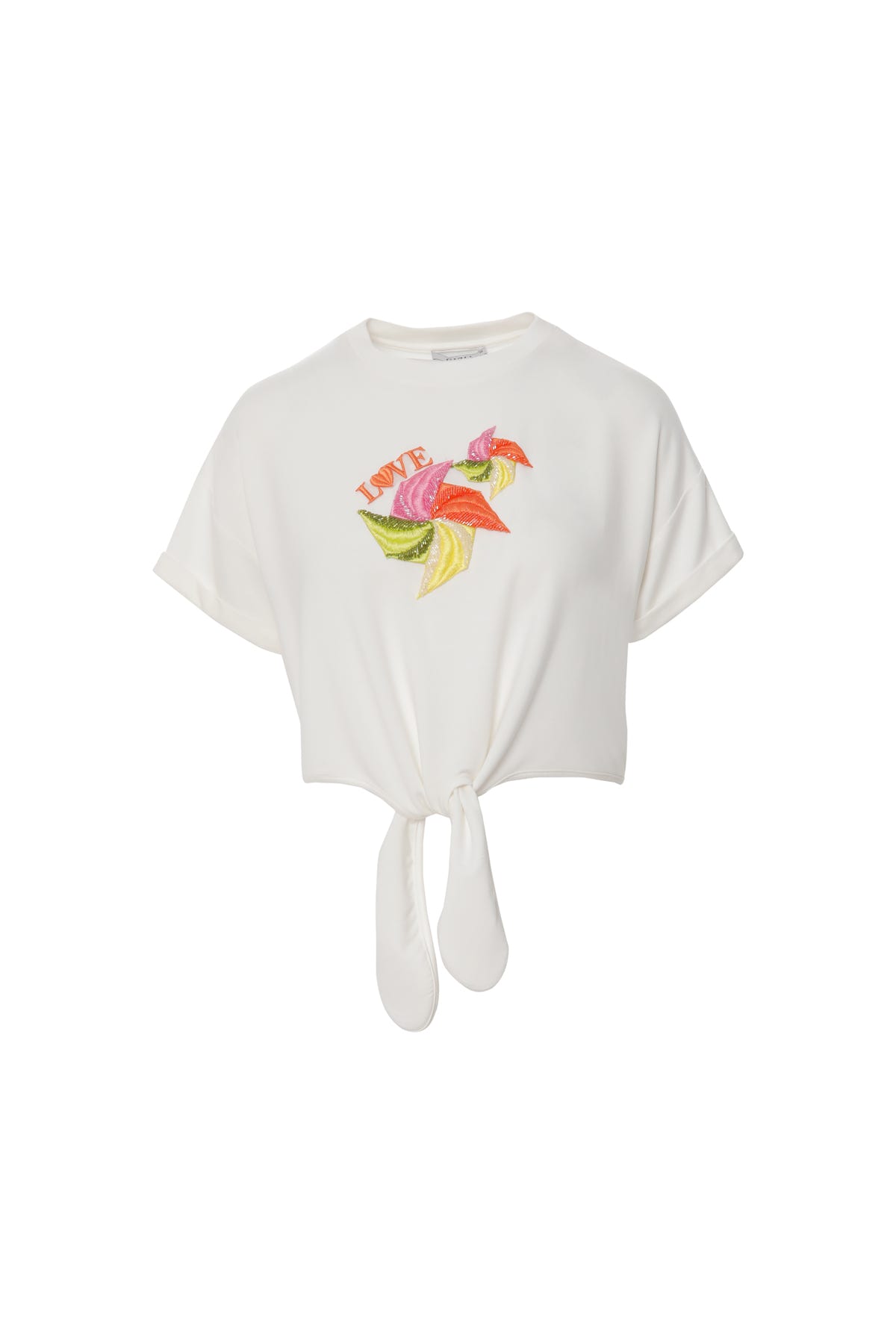 Etek Ucu Bağlama Detaylı Aplike Nakış Süslemeli T-shirt