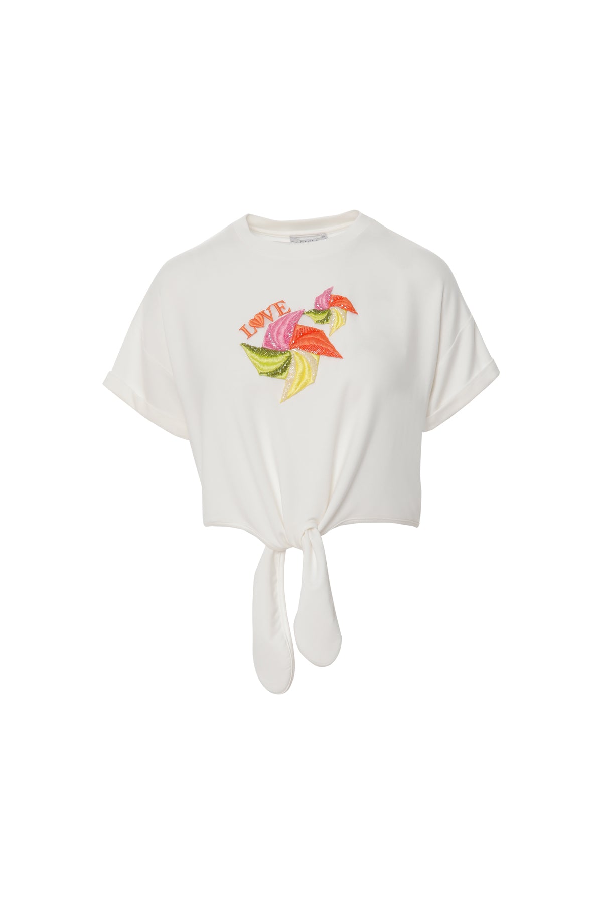 Etek Ucu Bağlama Detaylı Aplike Nakış Süslemeli T-shirt