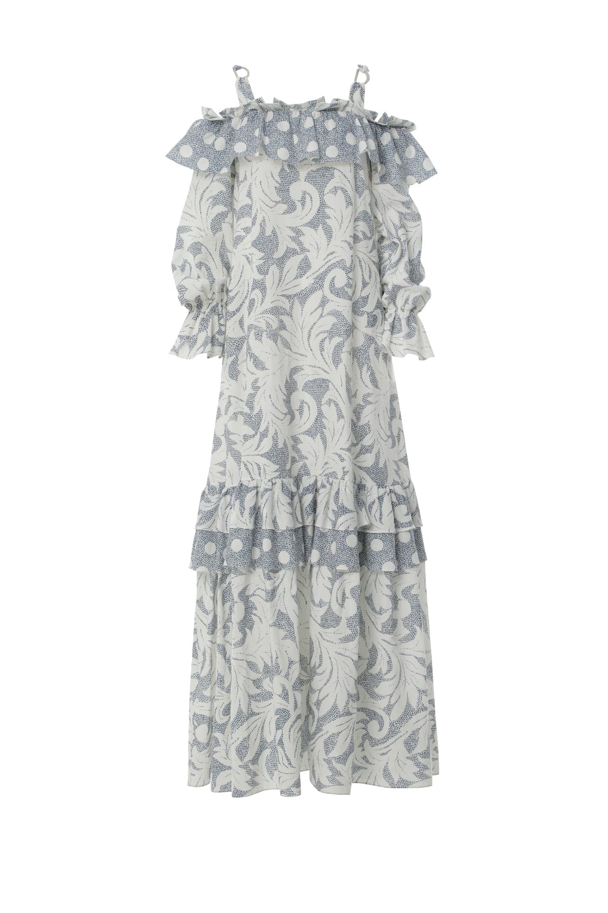 Askılı Volan Detaylı Desenli Uzun Elbise