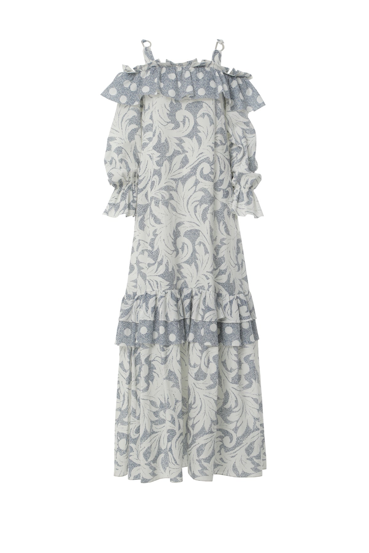 Askılı Volan Detaylı Desenli Uzun Elbise