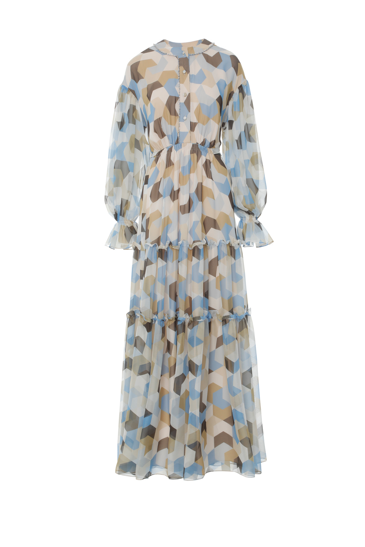 Bağlama Detaylı İşlemeli Desenli Uzun Kloş Elbise