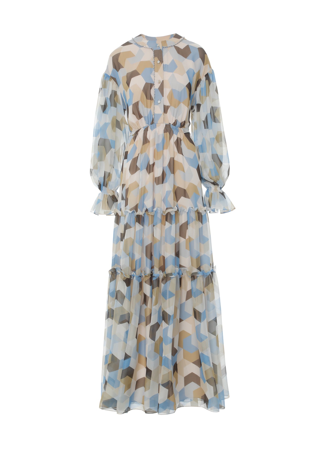 Bağlama Detaylı İşlemeli Desenli Uzun Kloş Elbise