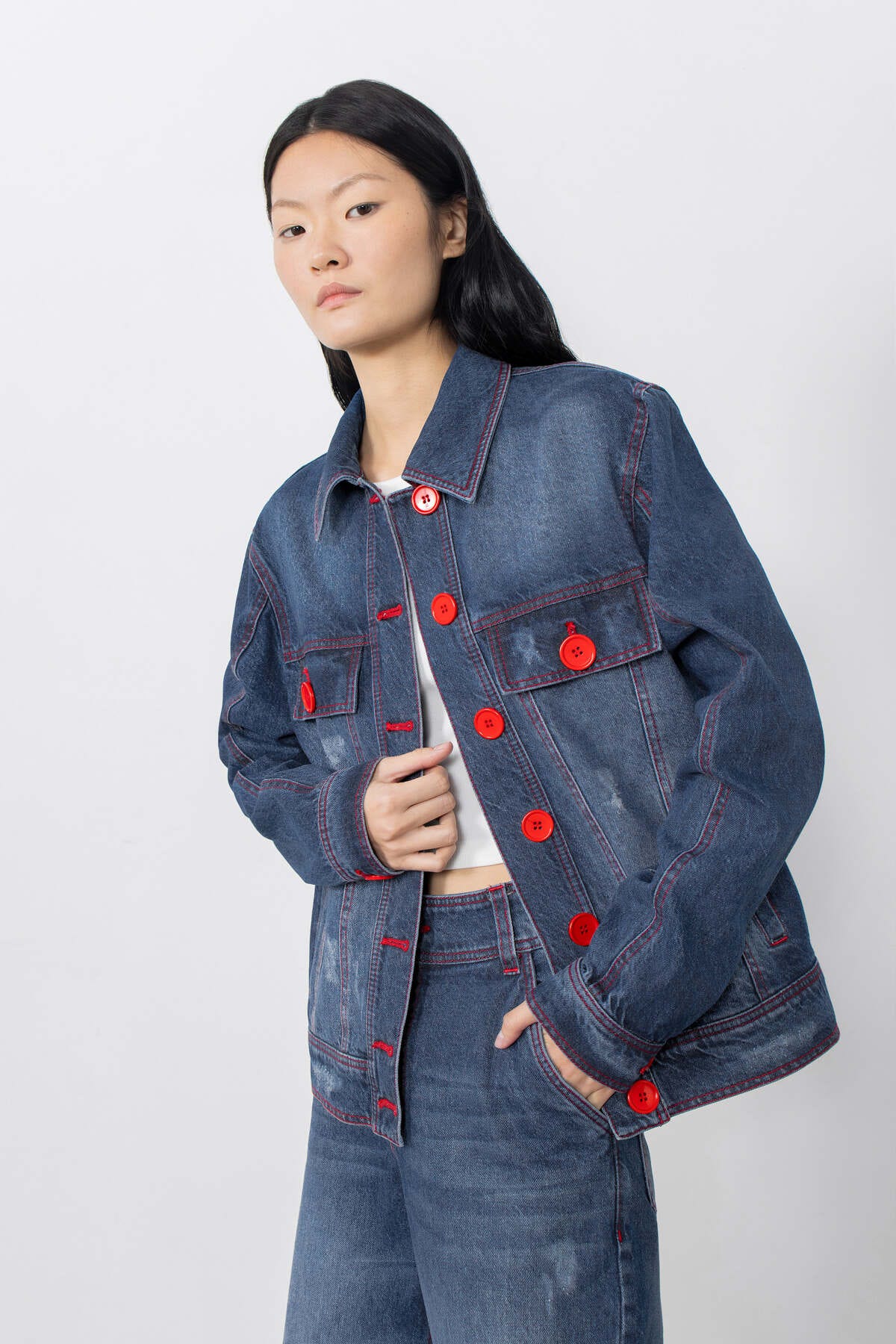 Arkası Transparan Organze Detaylı Jean Ceket