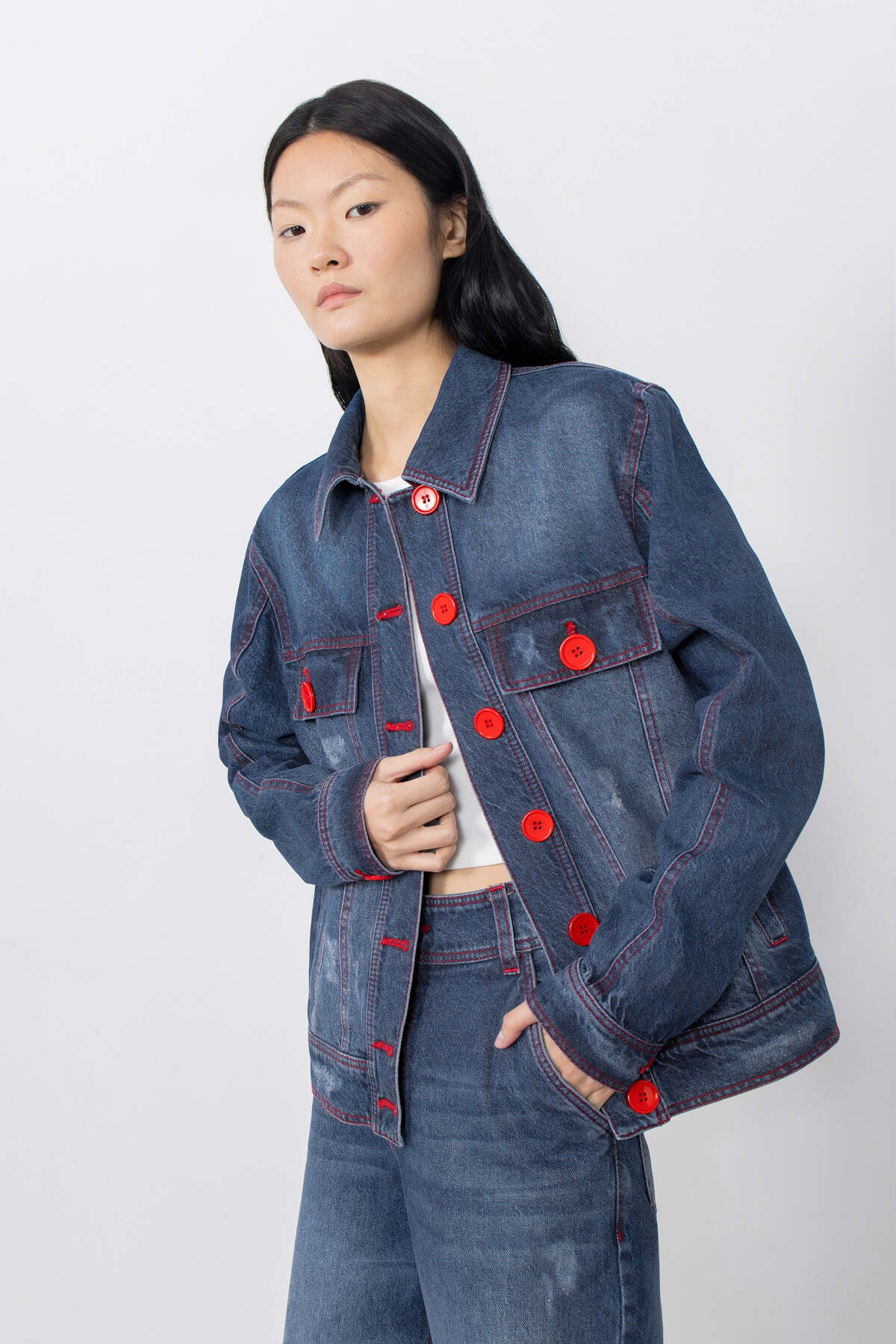 Arkası Transparan Organze Detaylı Jean Ceket