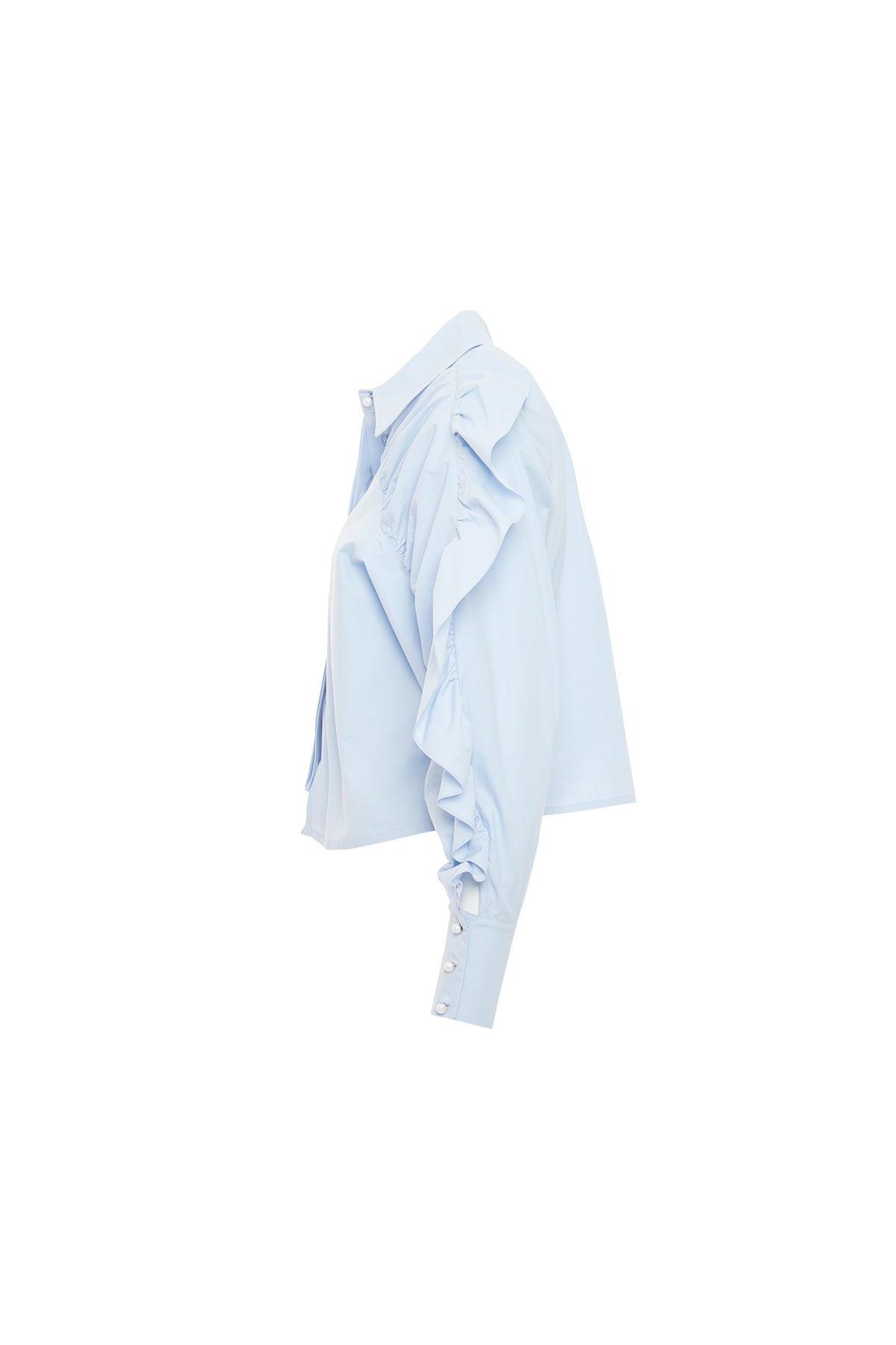 Fırfırlı Ve Büzgülü Kollu İnci Düğmeli Mavi Gömlek