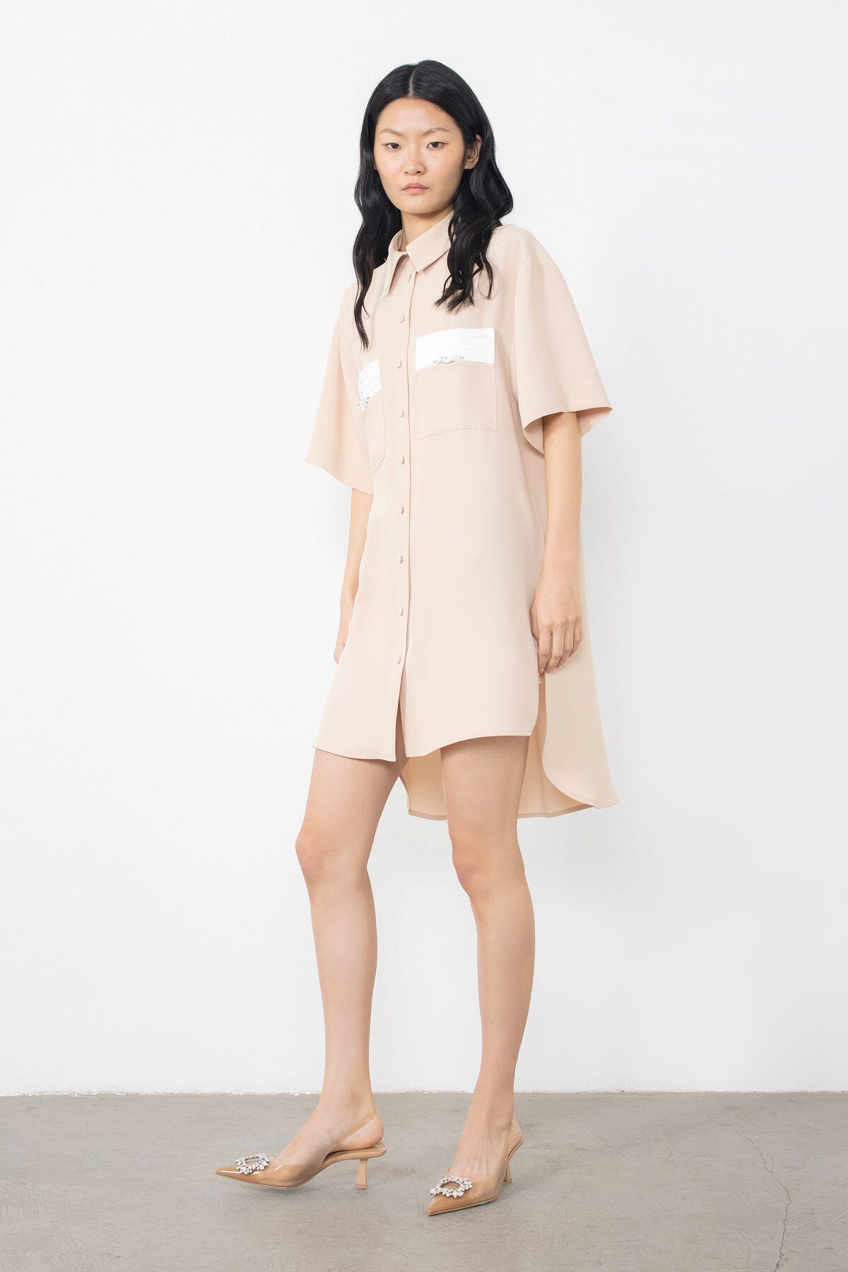 Cepleri Pilise Detaylı İşlemeli Gömlek Mini Elbise