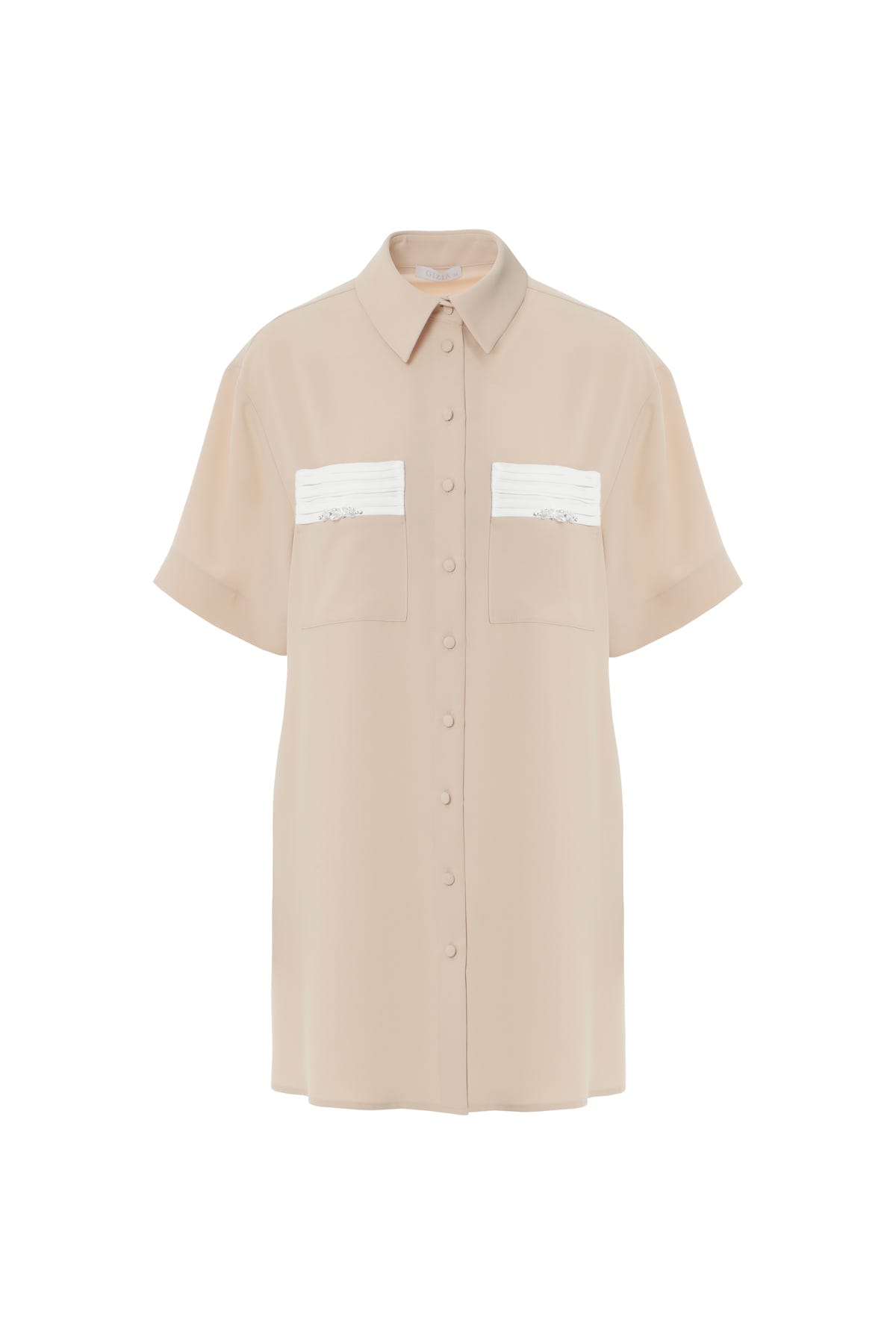 Cepleri Pilise Detaylı İşlemeli Gömlek Mini Elbise