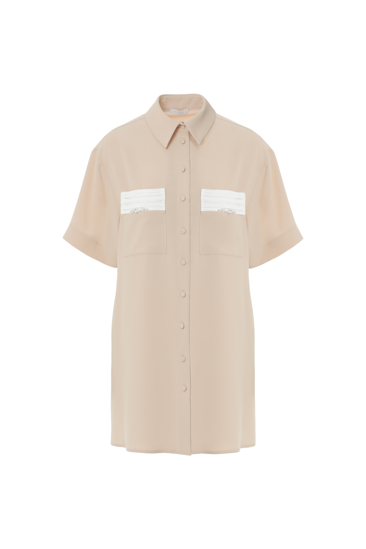 Cepleri Pilise Detaylı İşlemeli Gömlek Mini Elbise