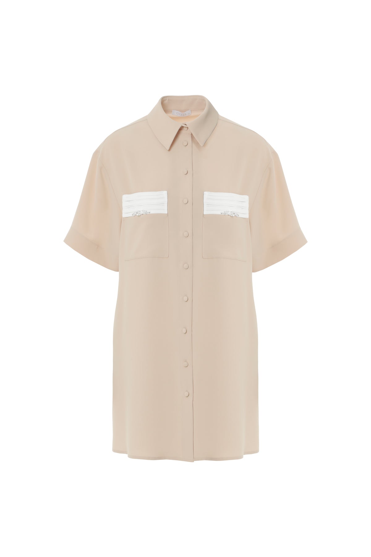 Cepleri Pilise Detaylı İşlemeli Gömlek Mini Elbise