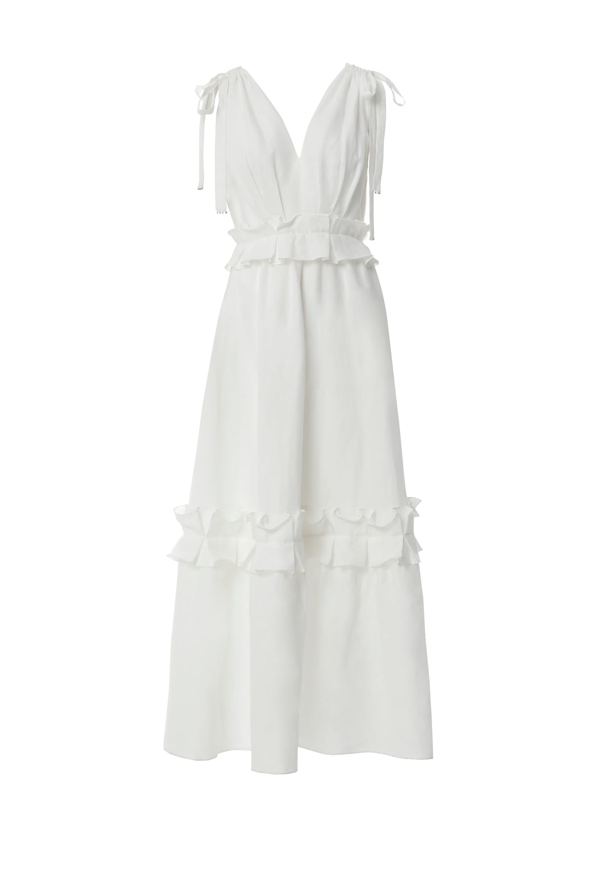 Fırfır Detaylı Omuzdan Bağlamalı Uzun Elbise