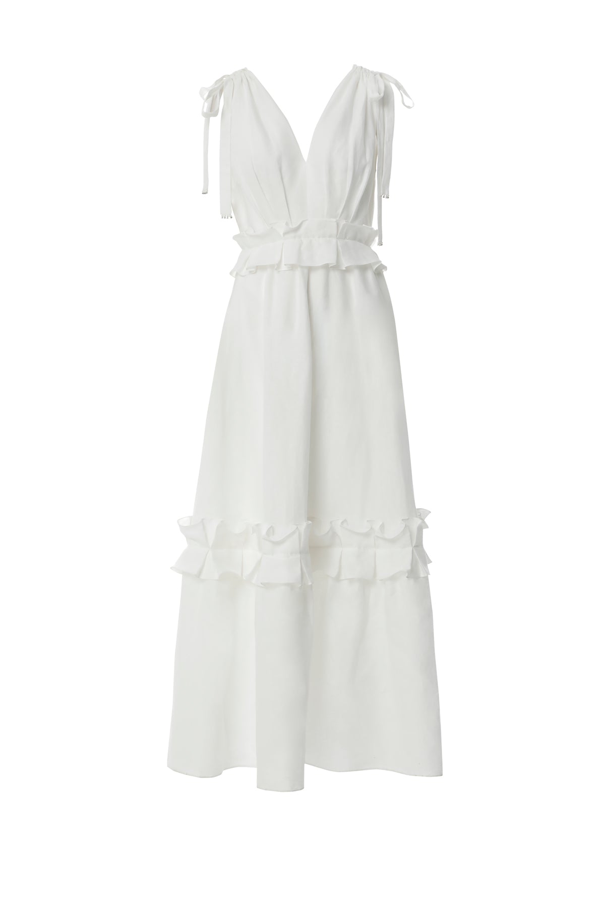 Fırfır Detaylı Omuzdan Bağlamalı Uzun Elbise