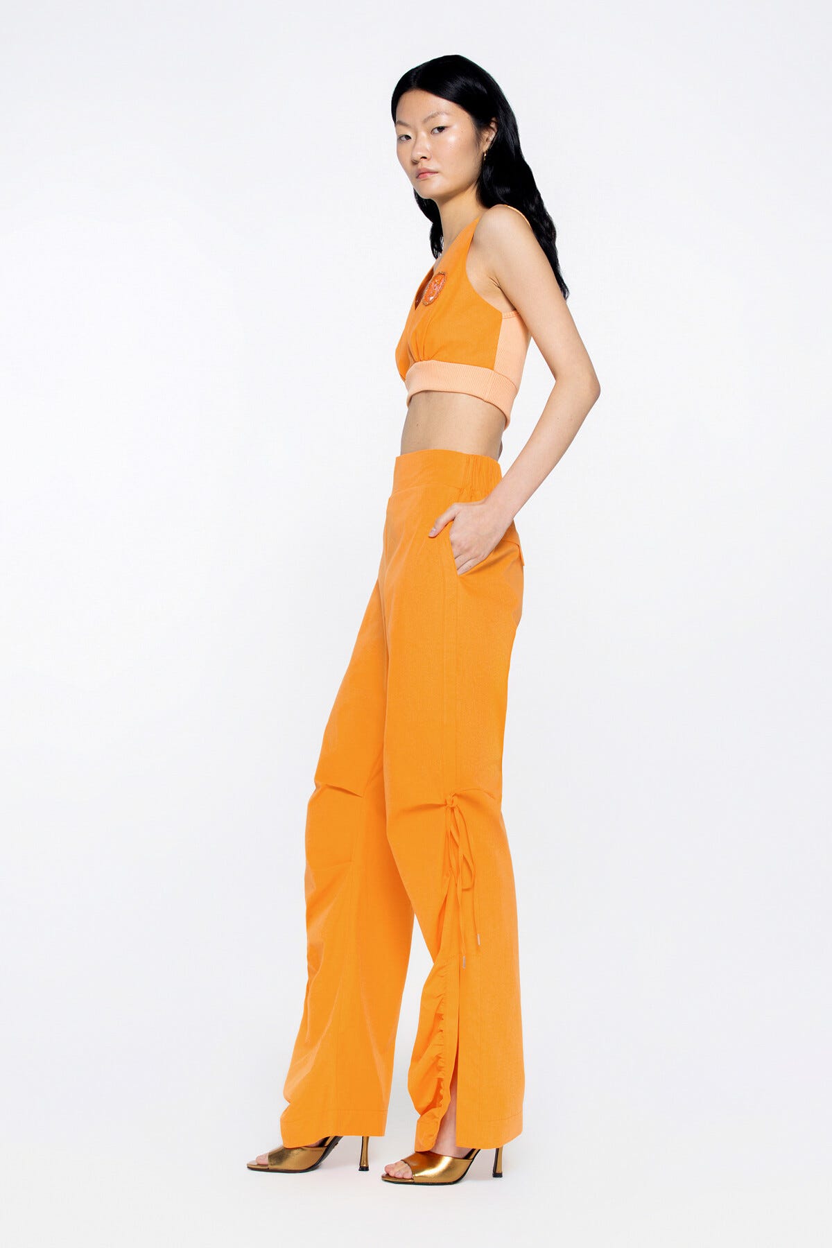 Etek Ucu Lastikli Nakış Aplike Detaylı Poplin Oranj Crop