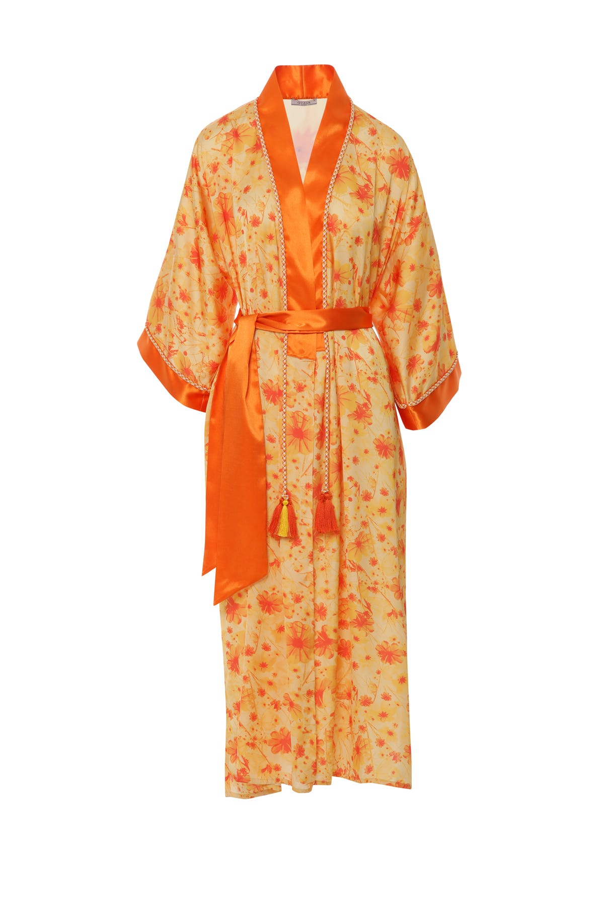 Özel Desen Arkası Yazı Baskılı Seyyar Kuşaklı Çiçekli Kimono