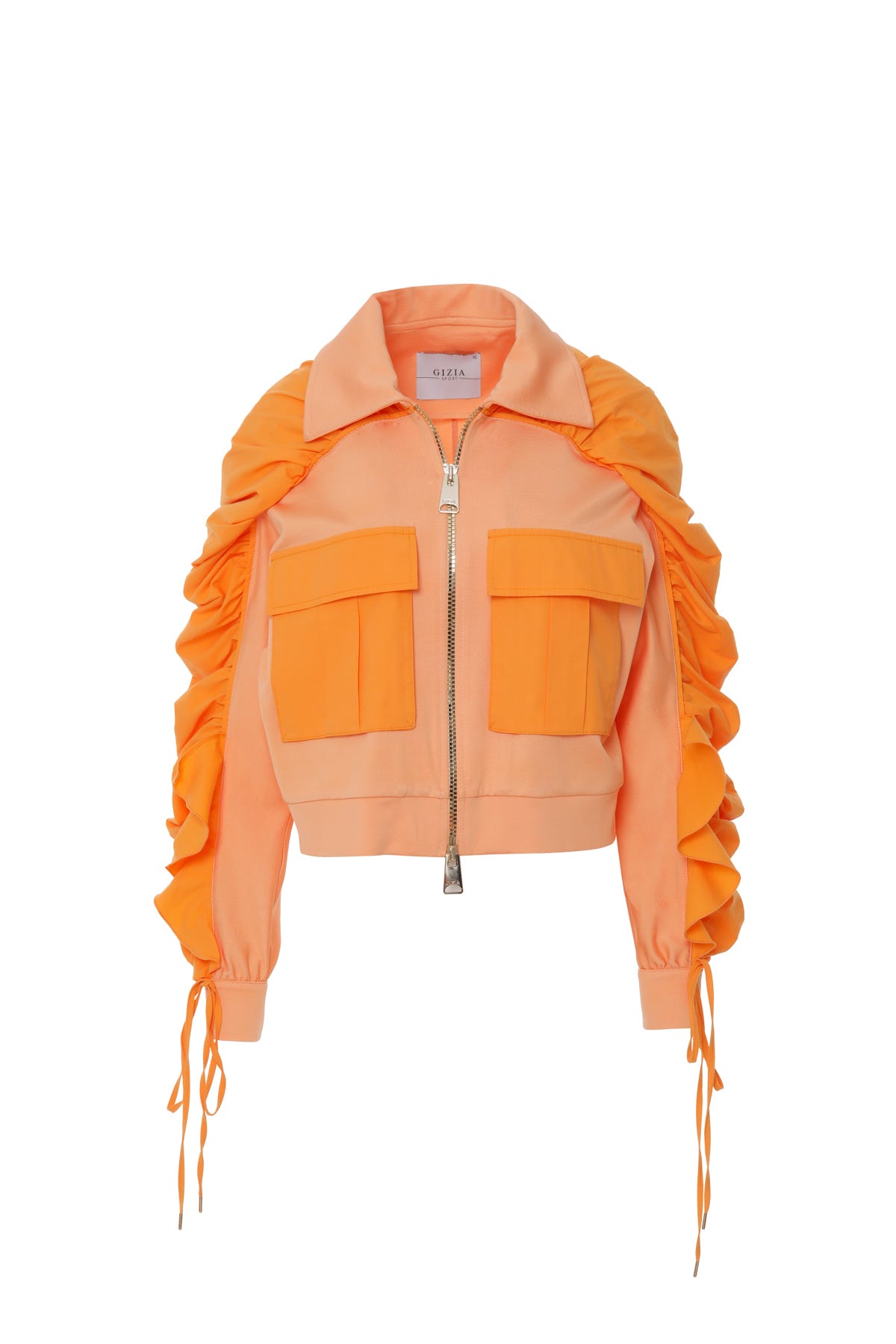 Önden Fermuarlı Cepli Kolları Büzgülü Somon Ceket