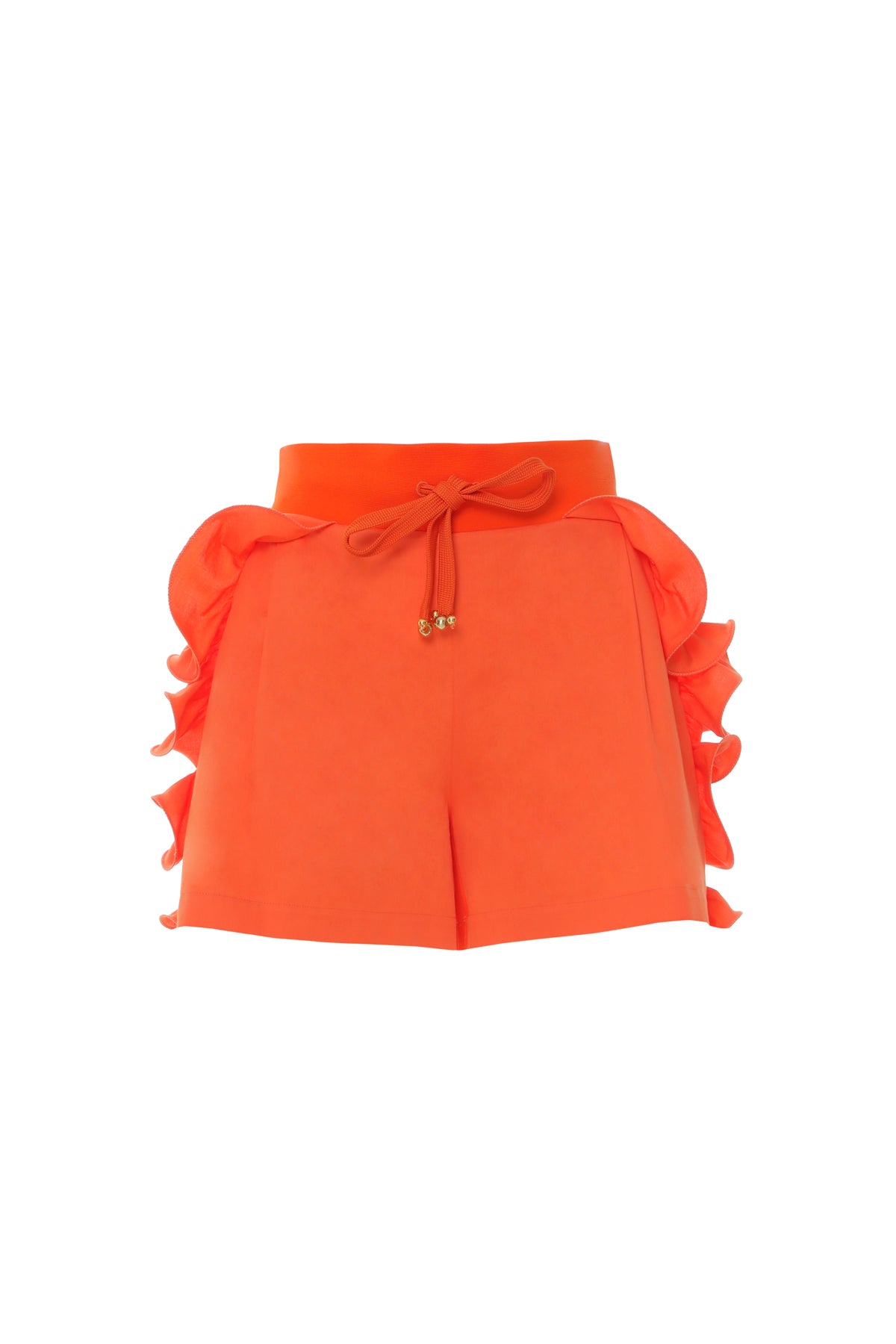 Yanları Volan Detaylı Bağ Ucu İşlemeli Beli Lastikli Oranj Şort
