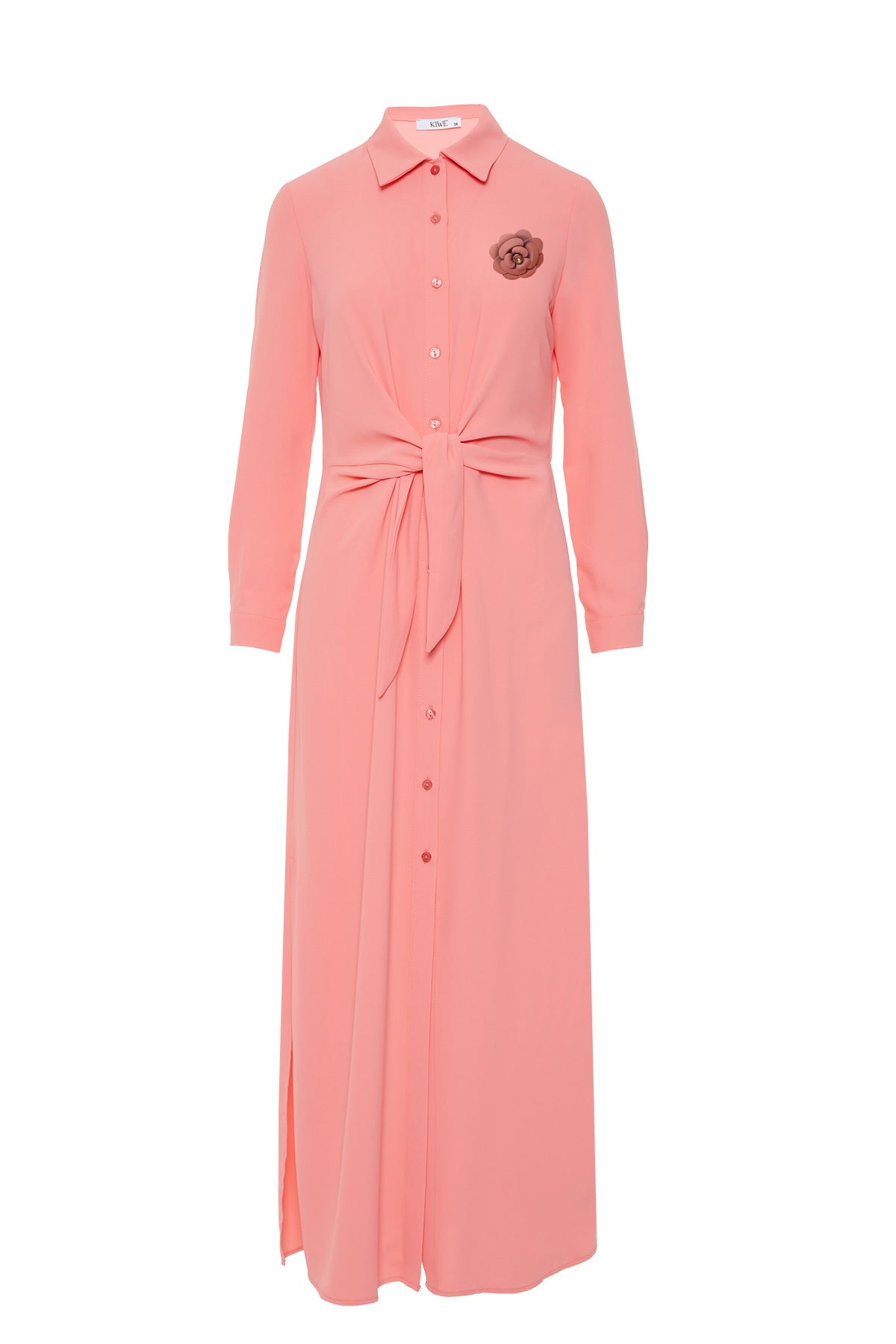 Çiçek Broş Detaylı Kuşaklı Gömlek Uzun Elbise