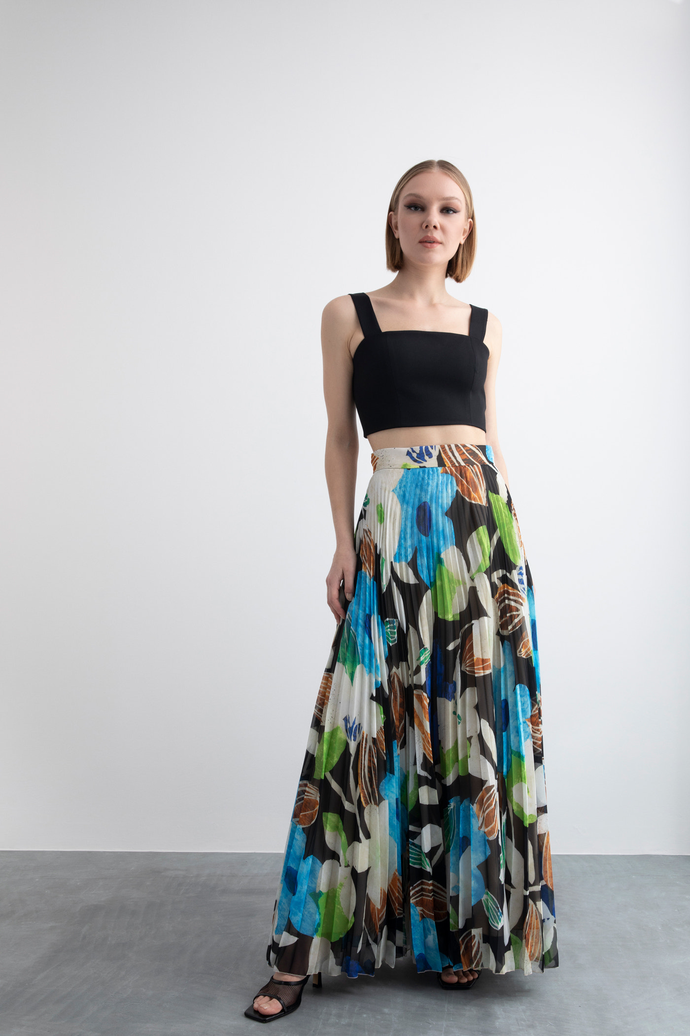 Piliseli Desenli Şifon Maxi Boy Etek